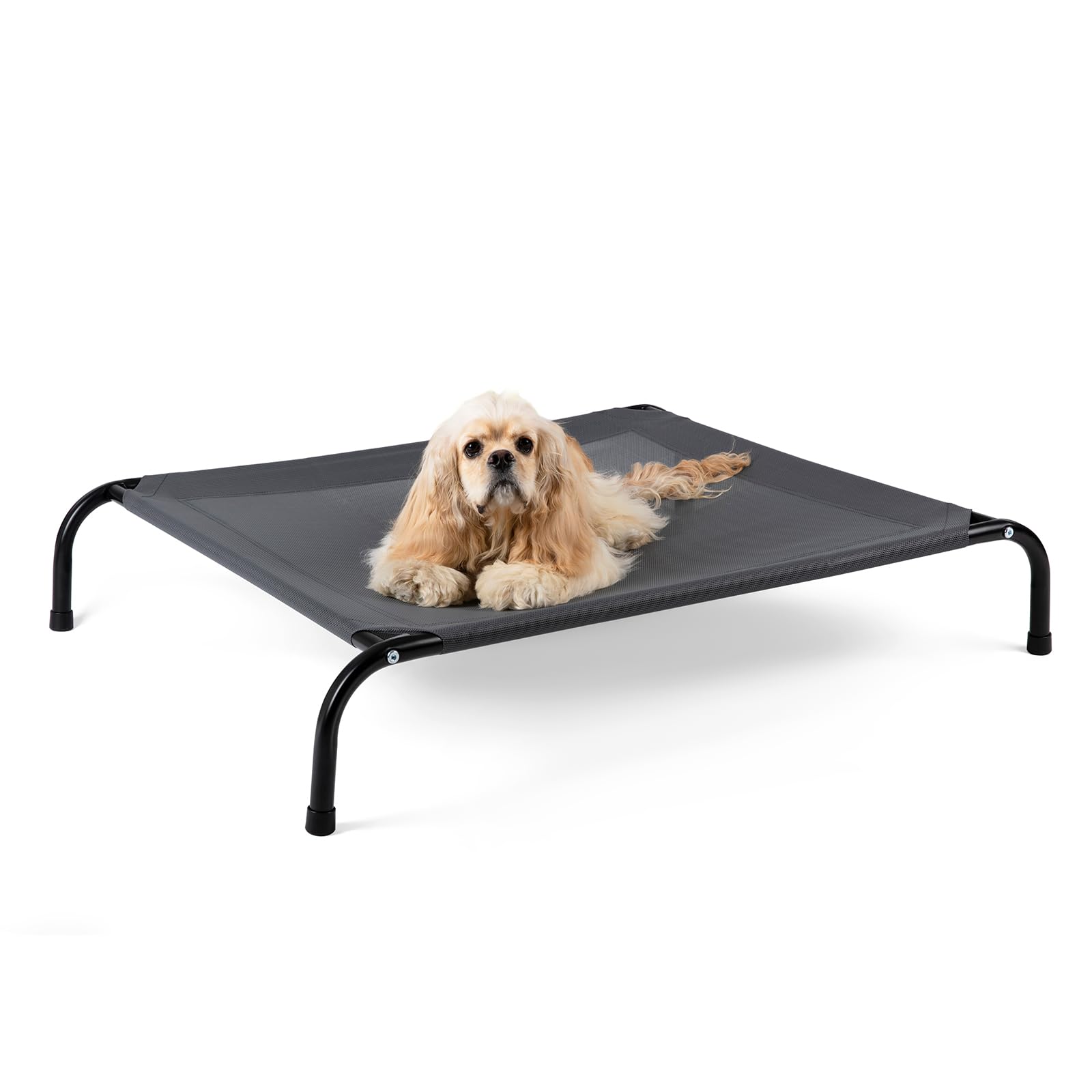 SIEMOUR cooling elevated dog bed front view highlighting breathable mesh for cooling comfort