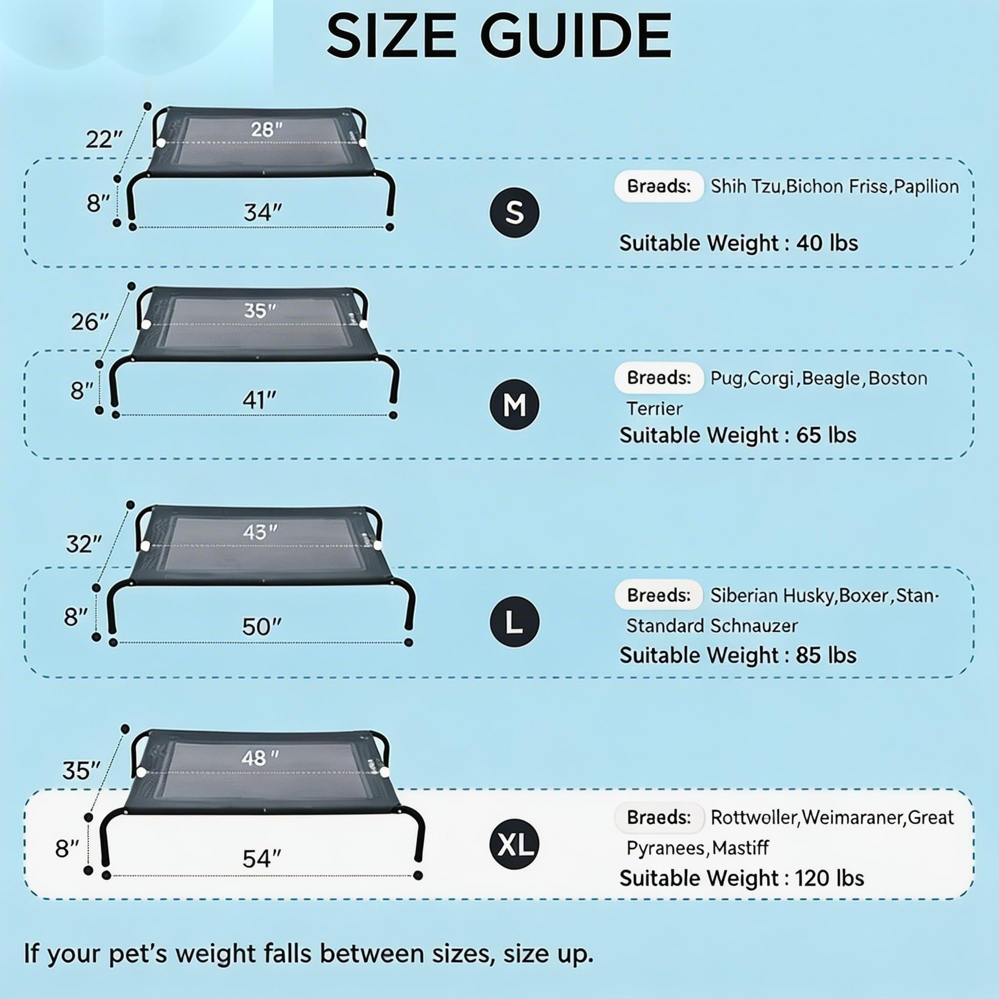 SIEMOUR cooling elevated dog bed shows 54 by 35 inch dimensions for extra-large breeds.