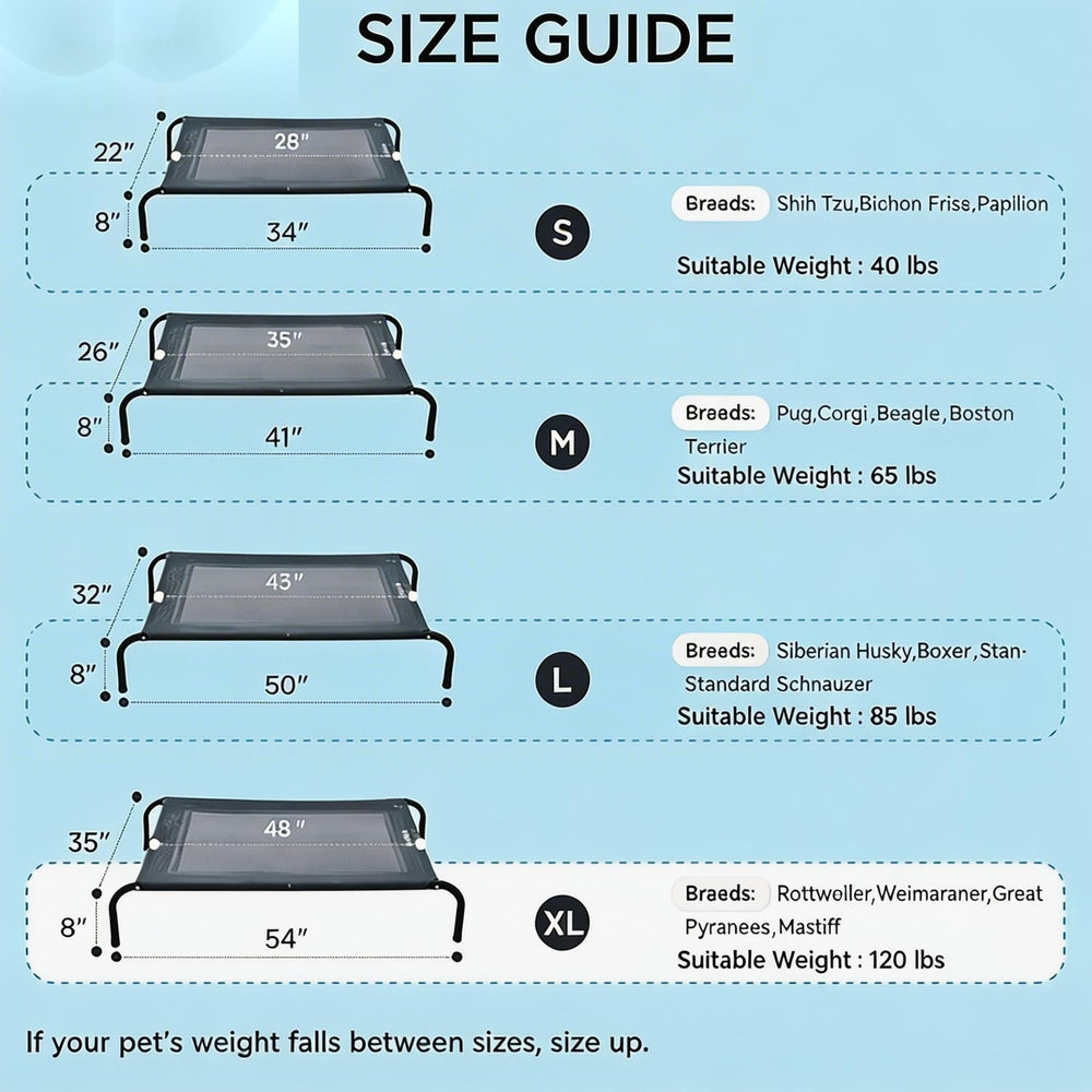 SIEMOUR cooling elevated dog bed shows 54 by 35 inch dimensions for extra-large breeds.