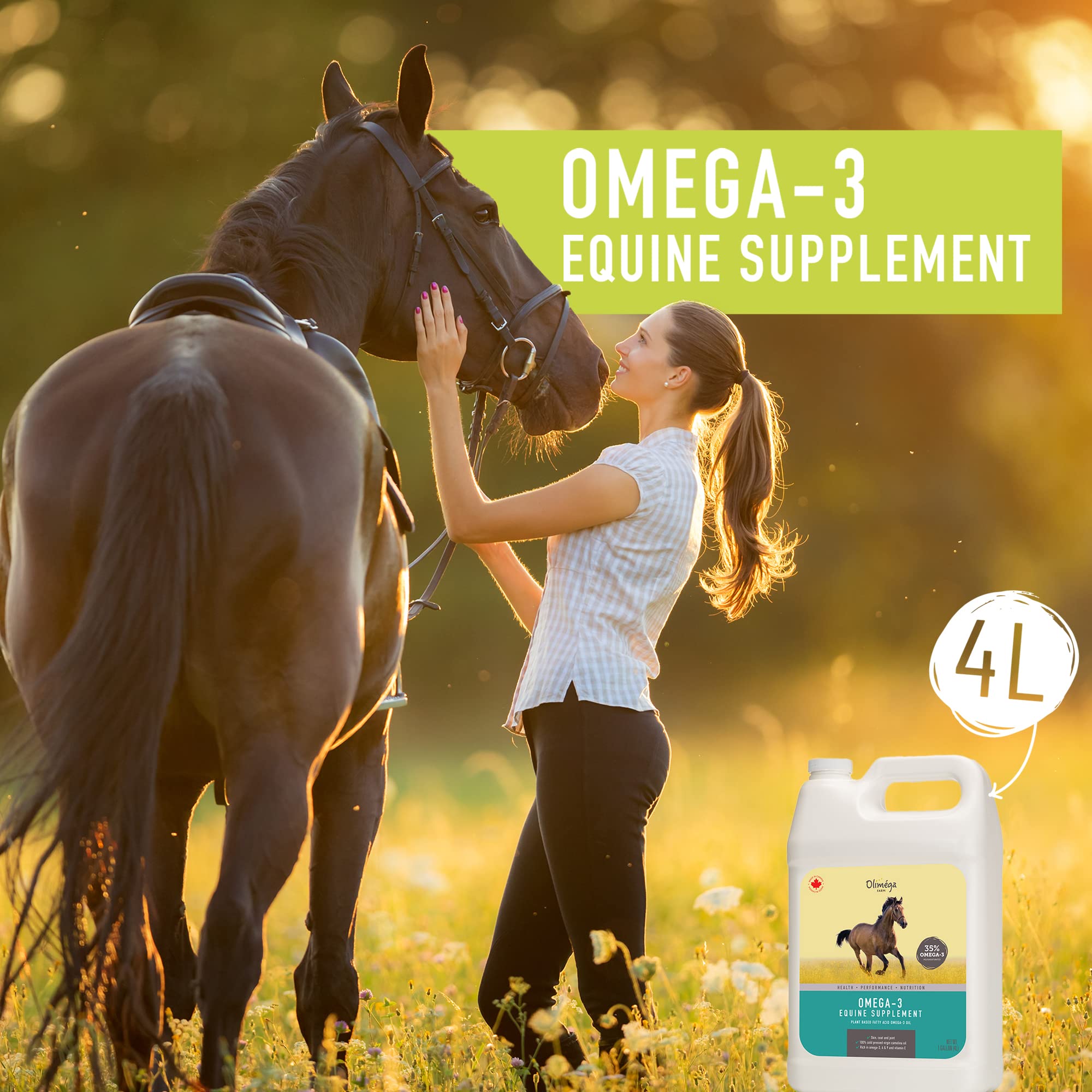 Signé Caméline camelina oil for horses label — made in Canada, non-GMO promise.