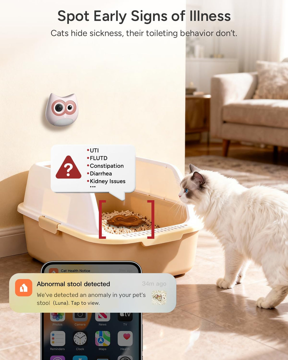 SiiPet LitterLens health alerts highlight unusual toileting patterns for awareness.