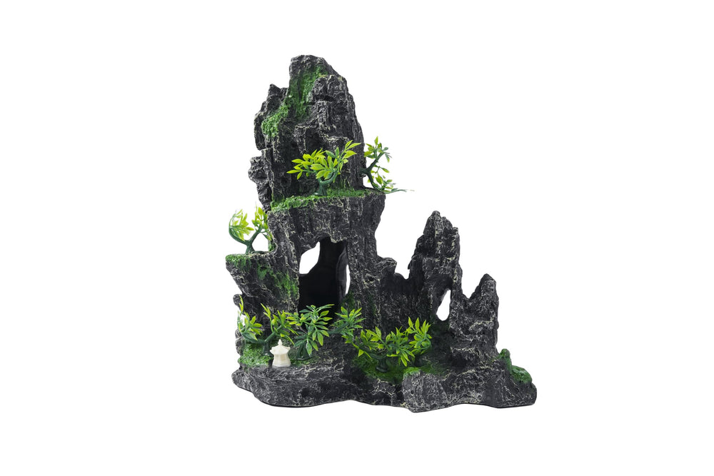 SiissaPeksid mountain view aquarium ornament offers a natural backdrop for fish.
