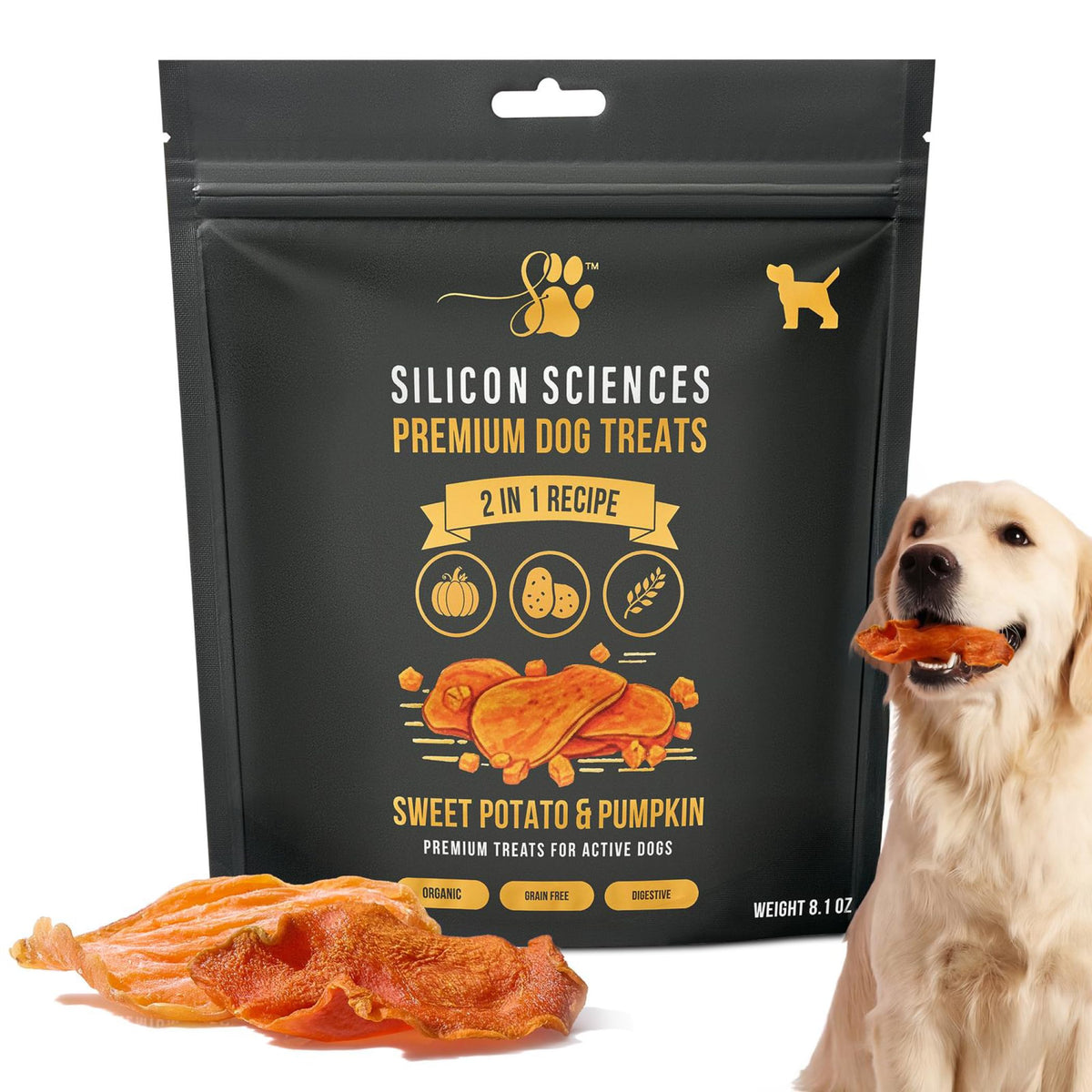 SILICON SCIENCES Sweet Potato & Pumpkin Treats packaging highlights natural ingredients for daily rewards.