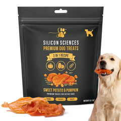 SILICON SCIENCES Sweet Potato & Pumpkin Treats packaging highlights natural ingredients for daily rewards.