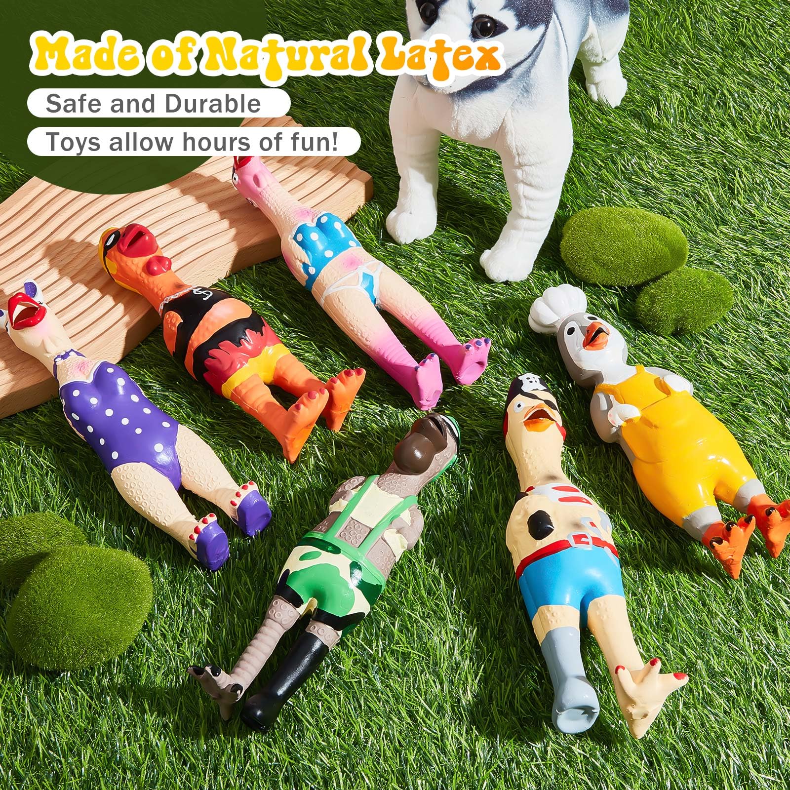 Colorful Silipull chicken toys attract dogs during outdoor play.