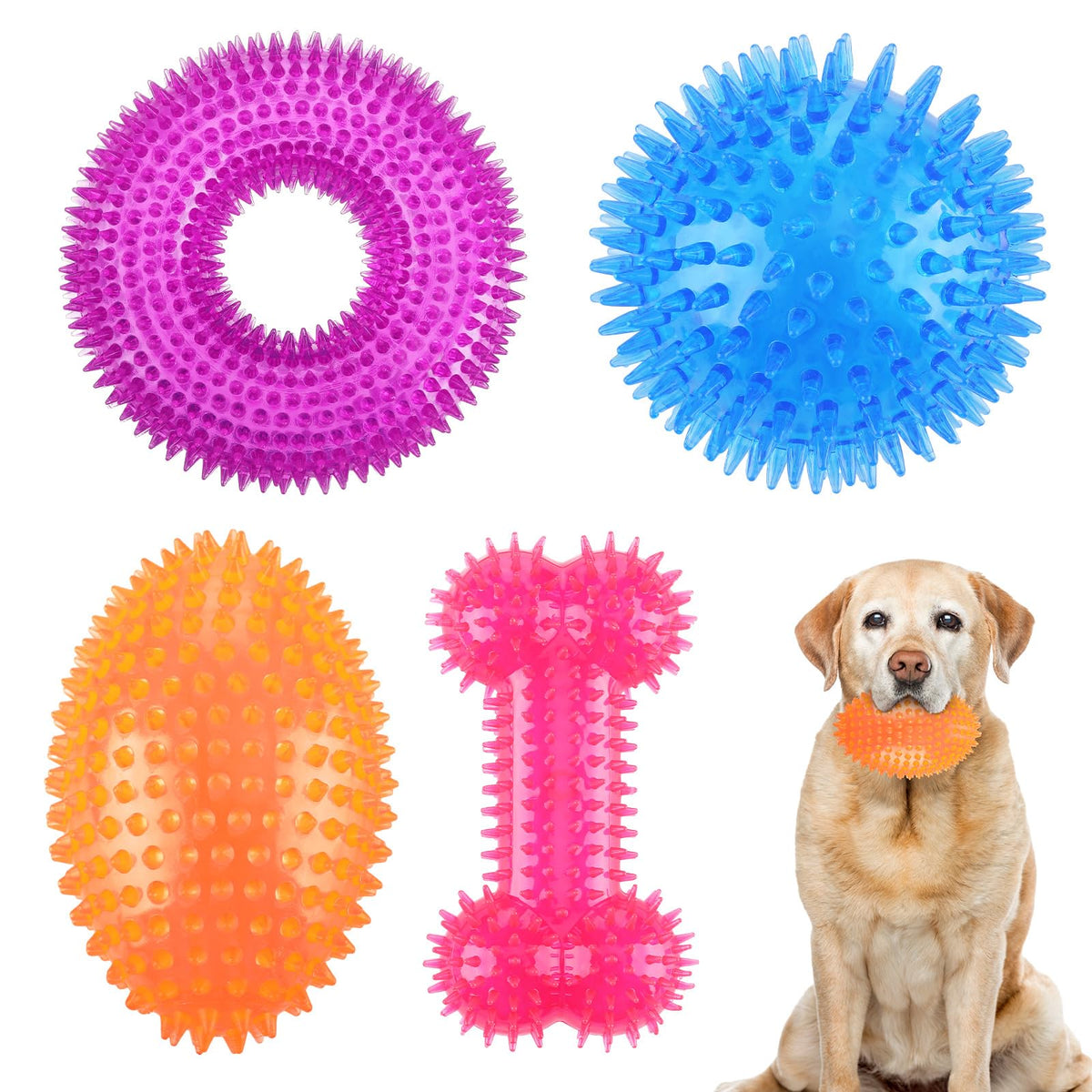 Silipull spiky squeaker ball blue for medium and large dogs, promotes interactive play