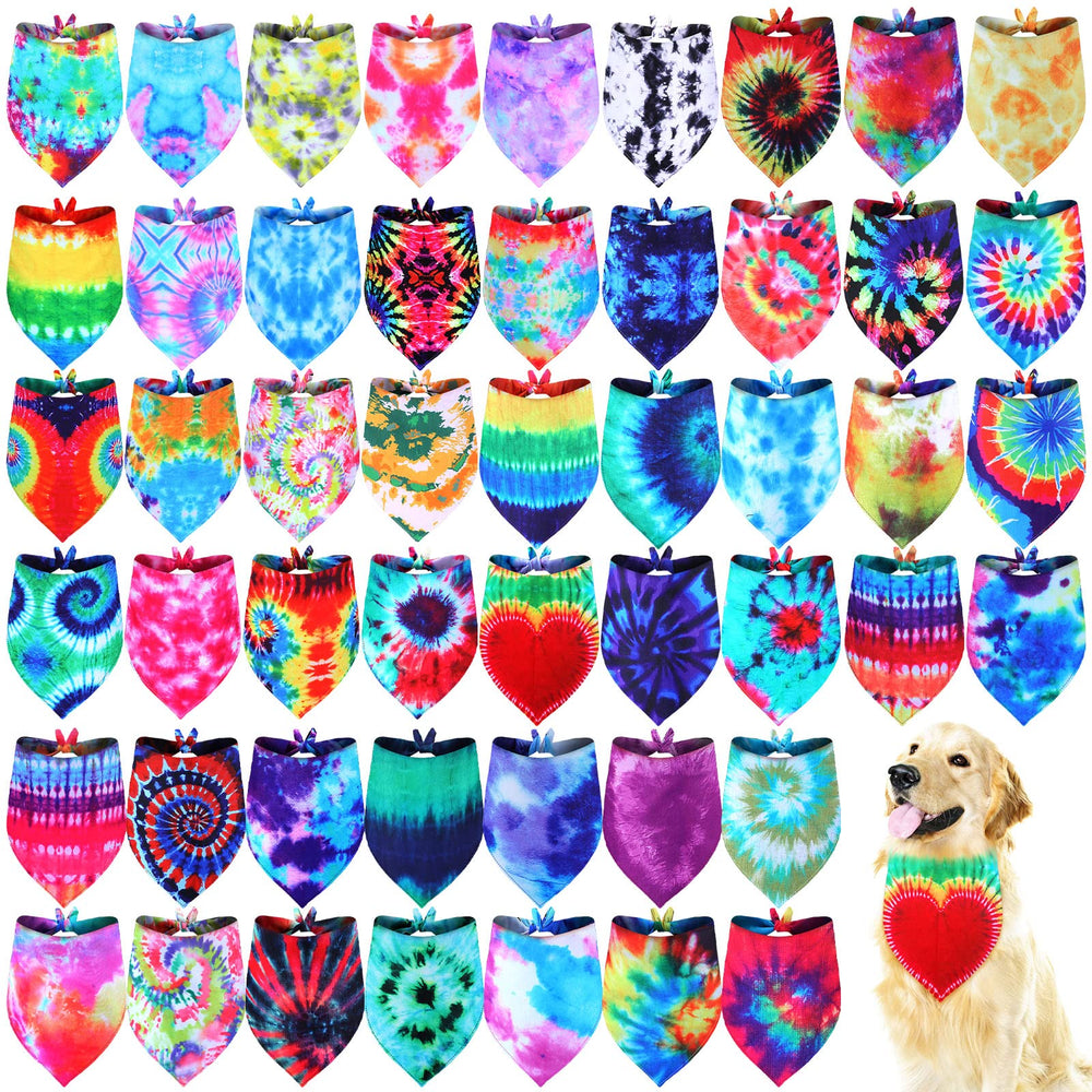 Silkfly 50pc tie-dye dog bandana pack adds vibrant color to festive looks.