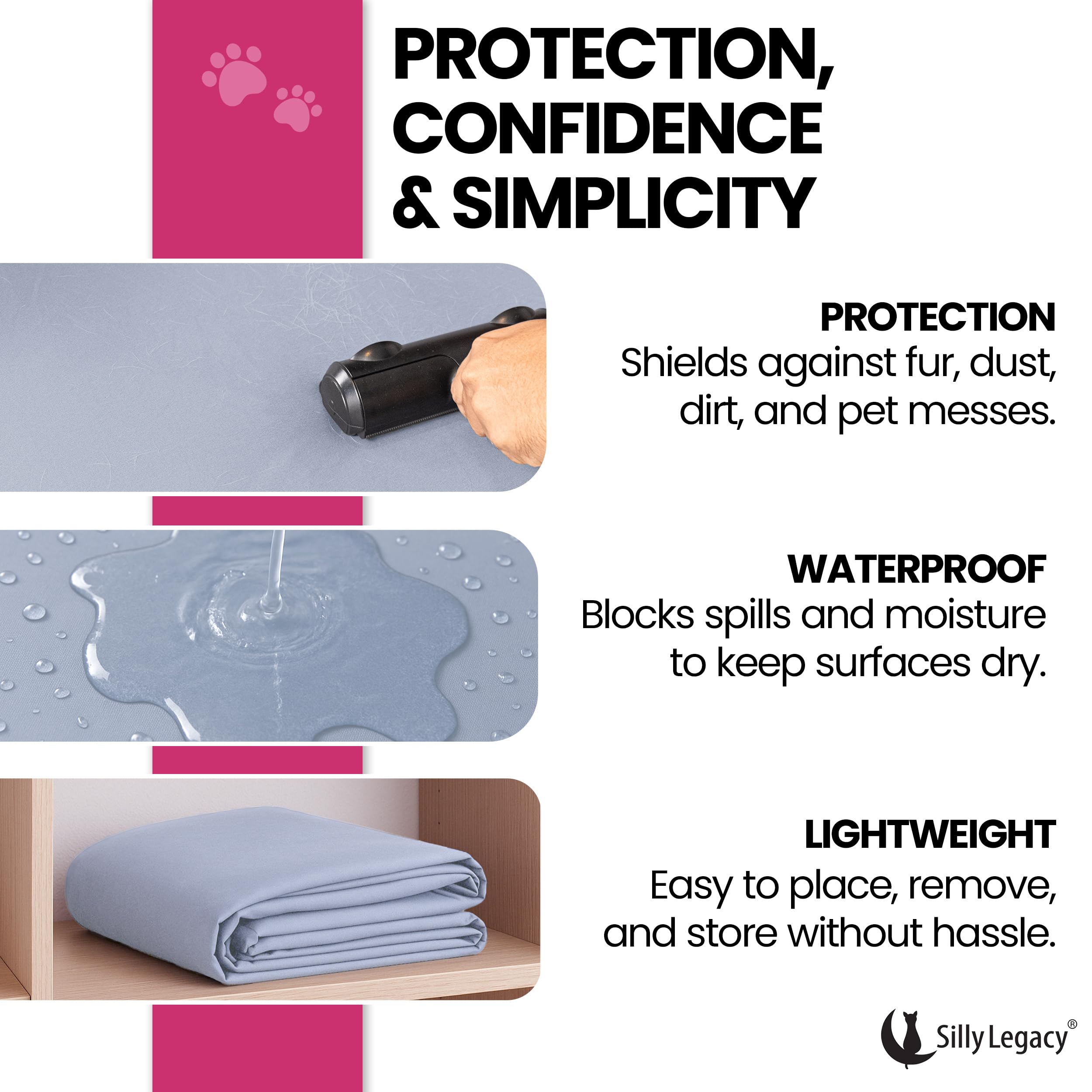 Silly Legacy waterproof protector guards couch from dirt and pet mess.