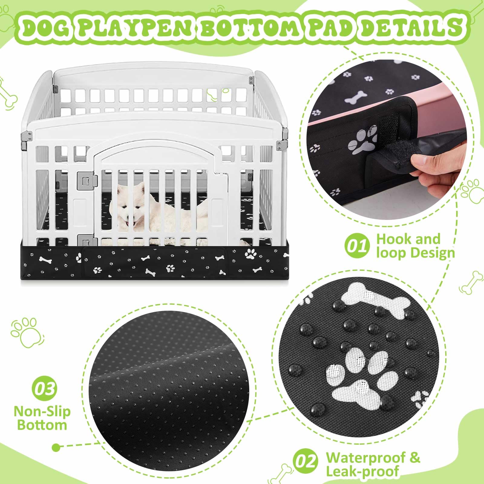 Easy tool-free setup with hook-and-loop fasteners on a 36-inch pen.