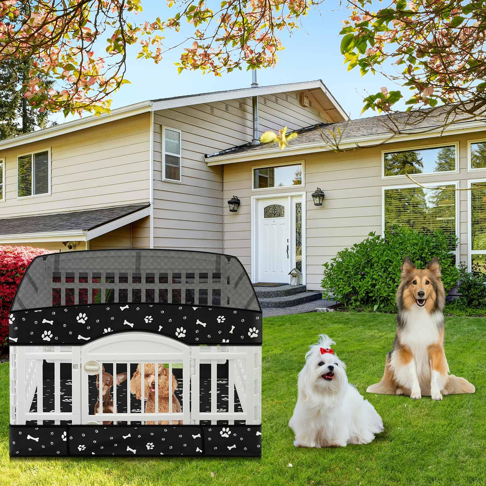 Paw and bone motif on fabric adds playful style to the enclosure.
