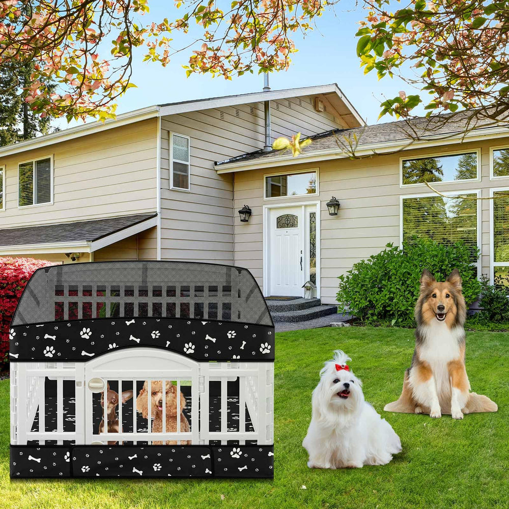 Paw and bone motif on fabric adds playful style to the enclosure.