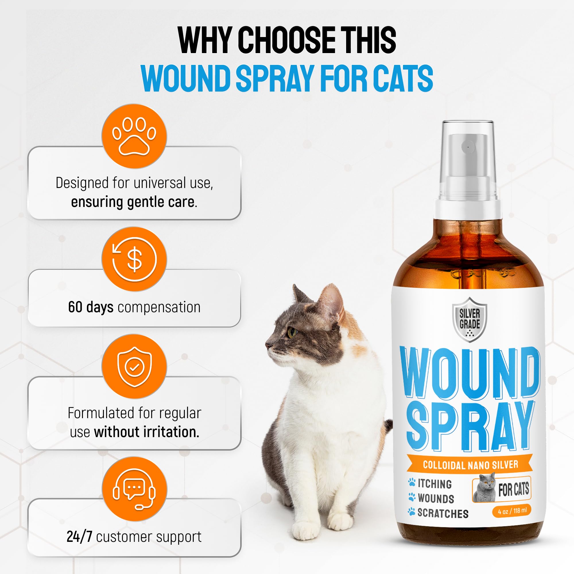 SILVER GRADE front label highlights safe, gentle care for cats.