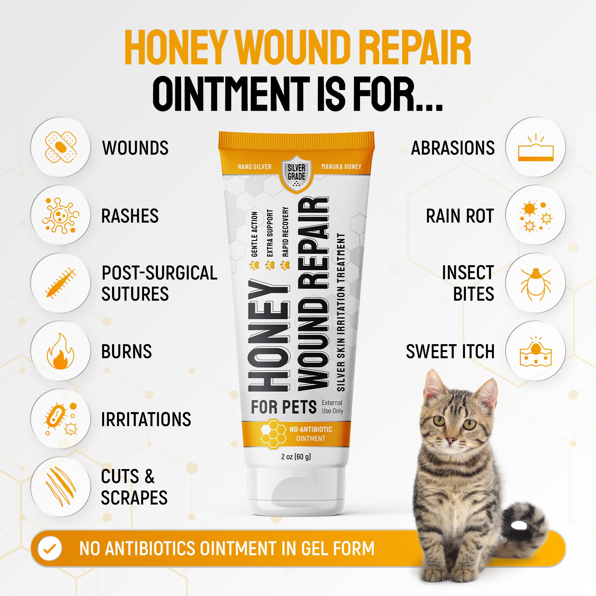 Close view of SILVER GRADE Cat Wound Gel tube being squeezed