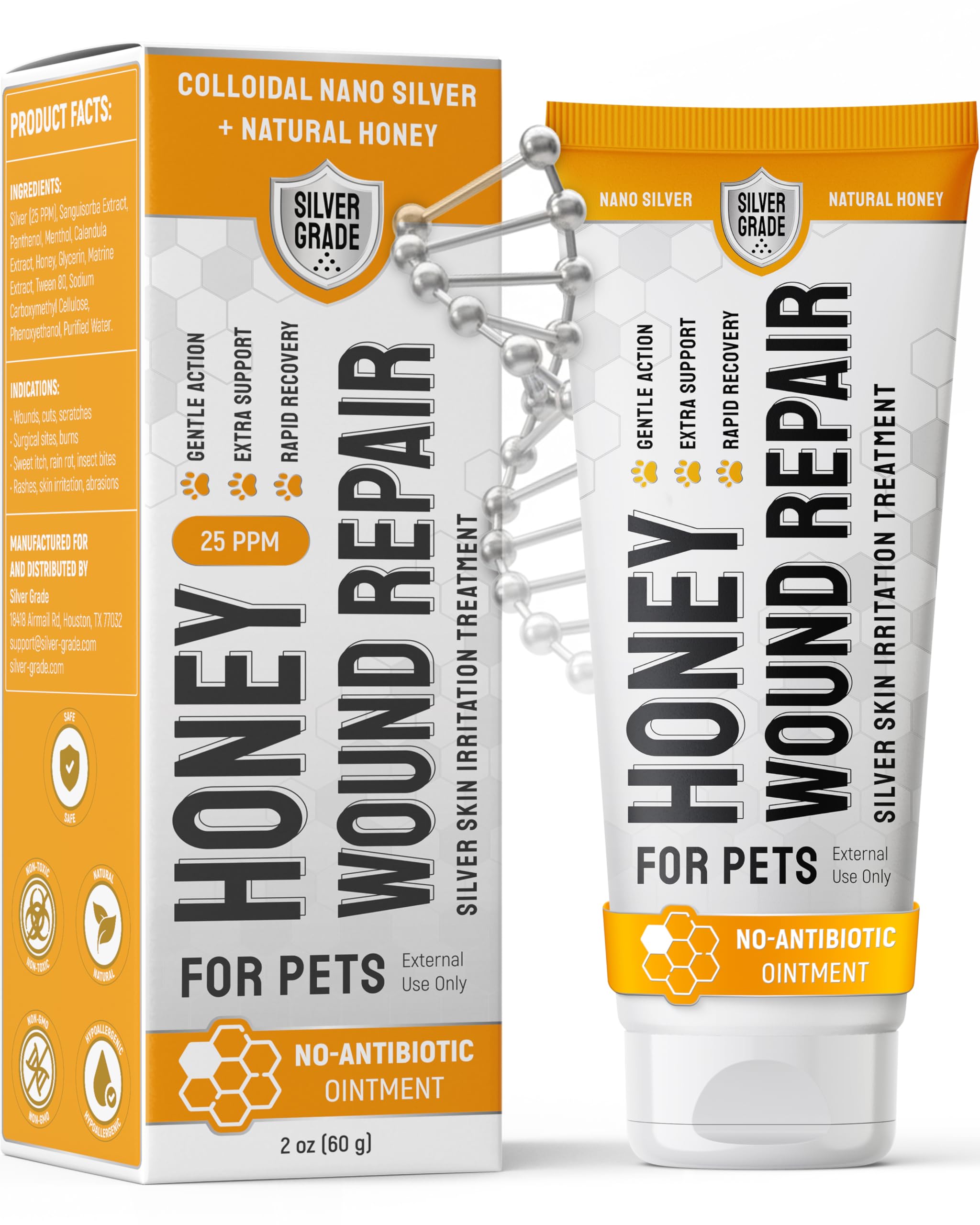 SILVER GRADE Honey Wound Repair Gel bottle highlights natural silver and honey for pets.