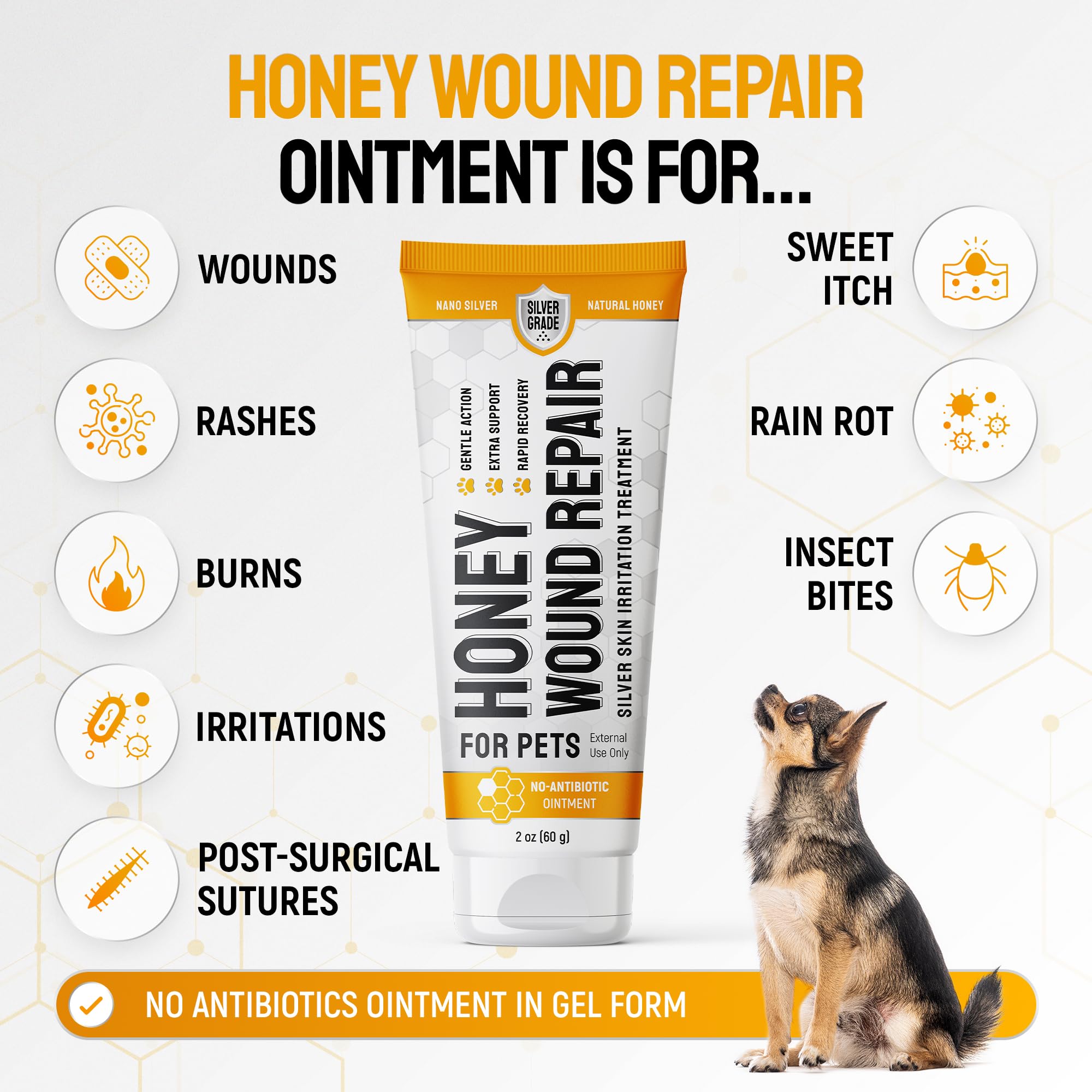 SILVER GRADE Honey Wound Repair Gel is applied to a small dog injury for soothing care.