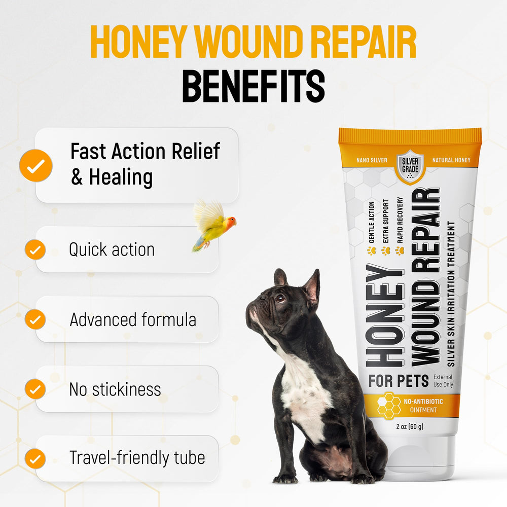 Two-pet care scene illustrates use on dogs and cats with honey gel.