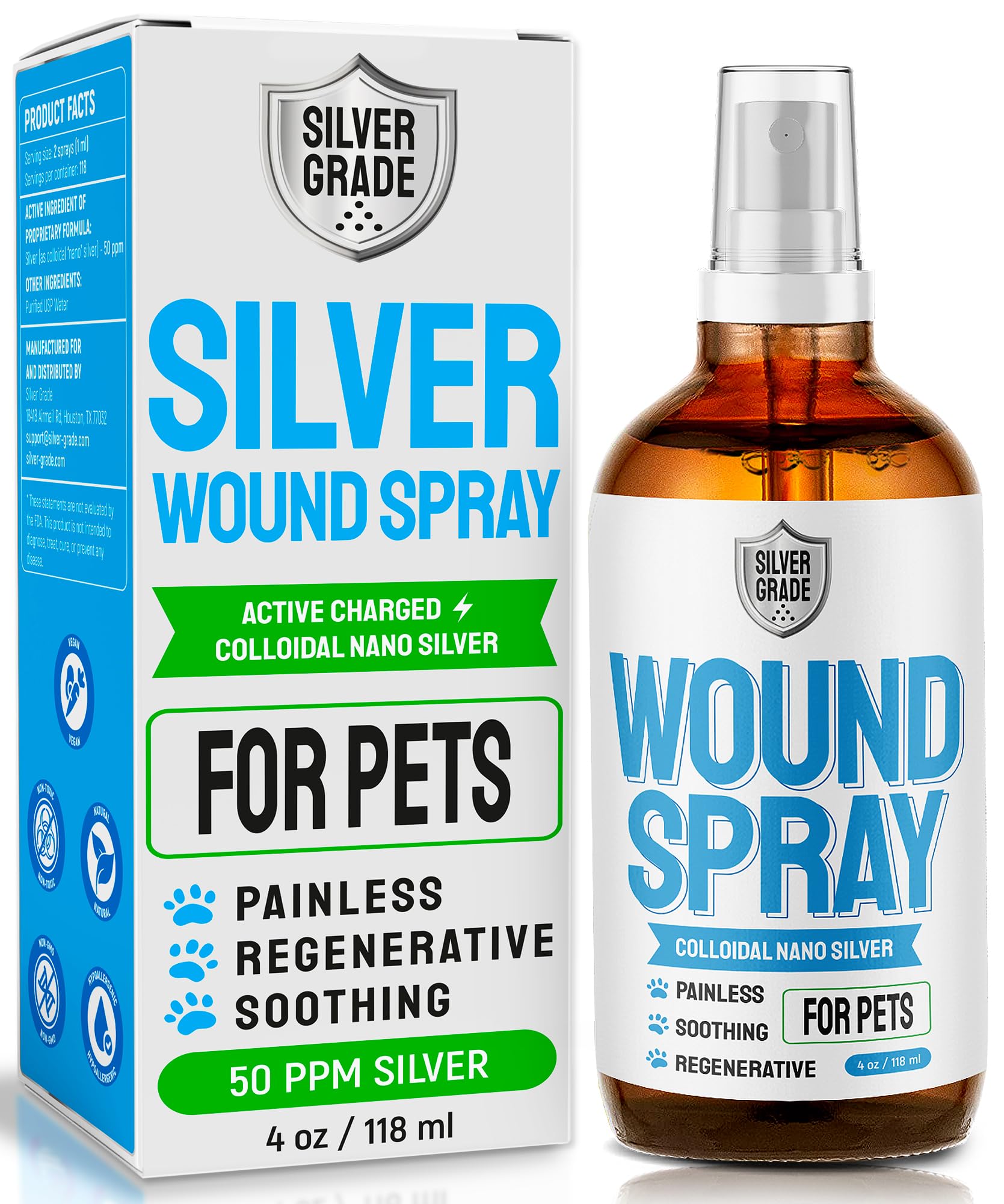Silver Grade Wound Spray bottle-dispense for quick pet wound care.