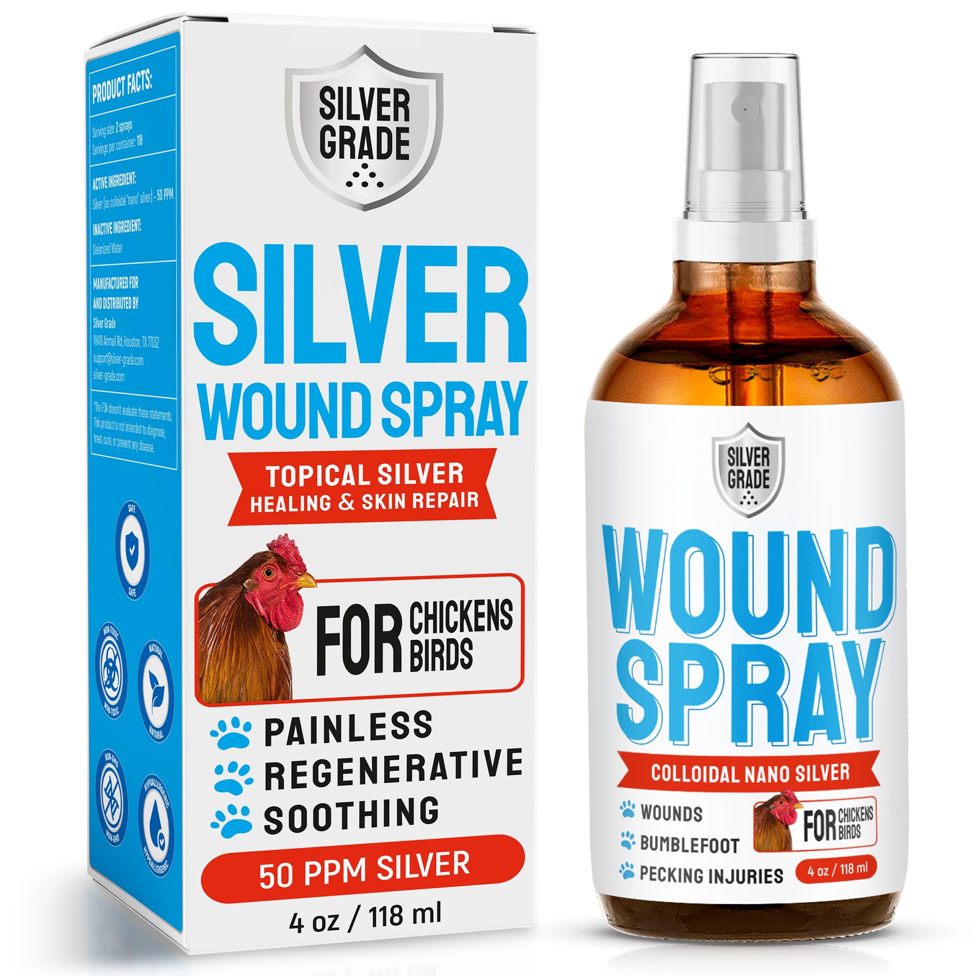 SILVER GRADE wound spray applied to a chicken for minor wound care.
