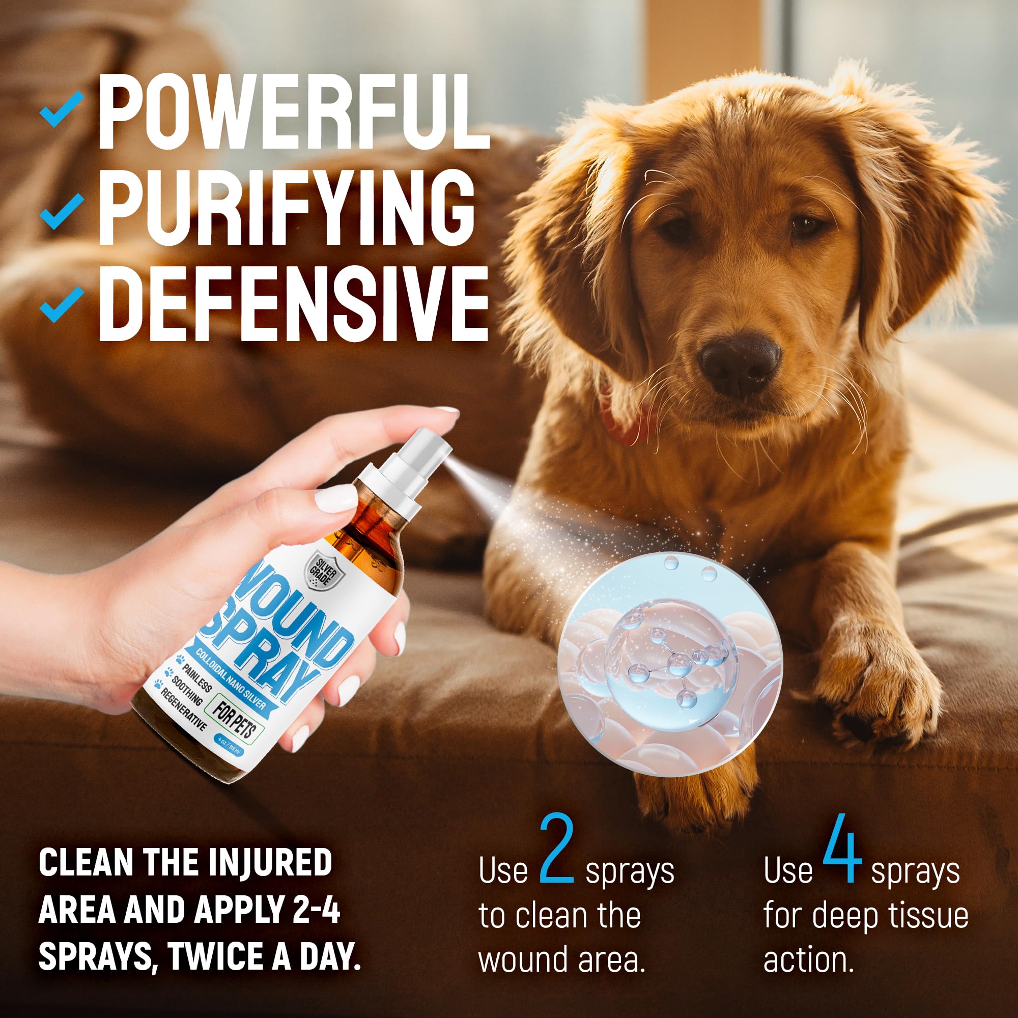 Silver Grade Wound Spray with two ingredients: silver and deionized water.