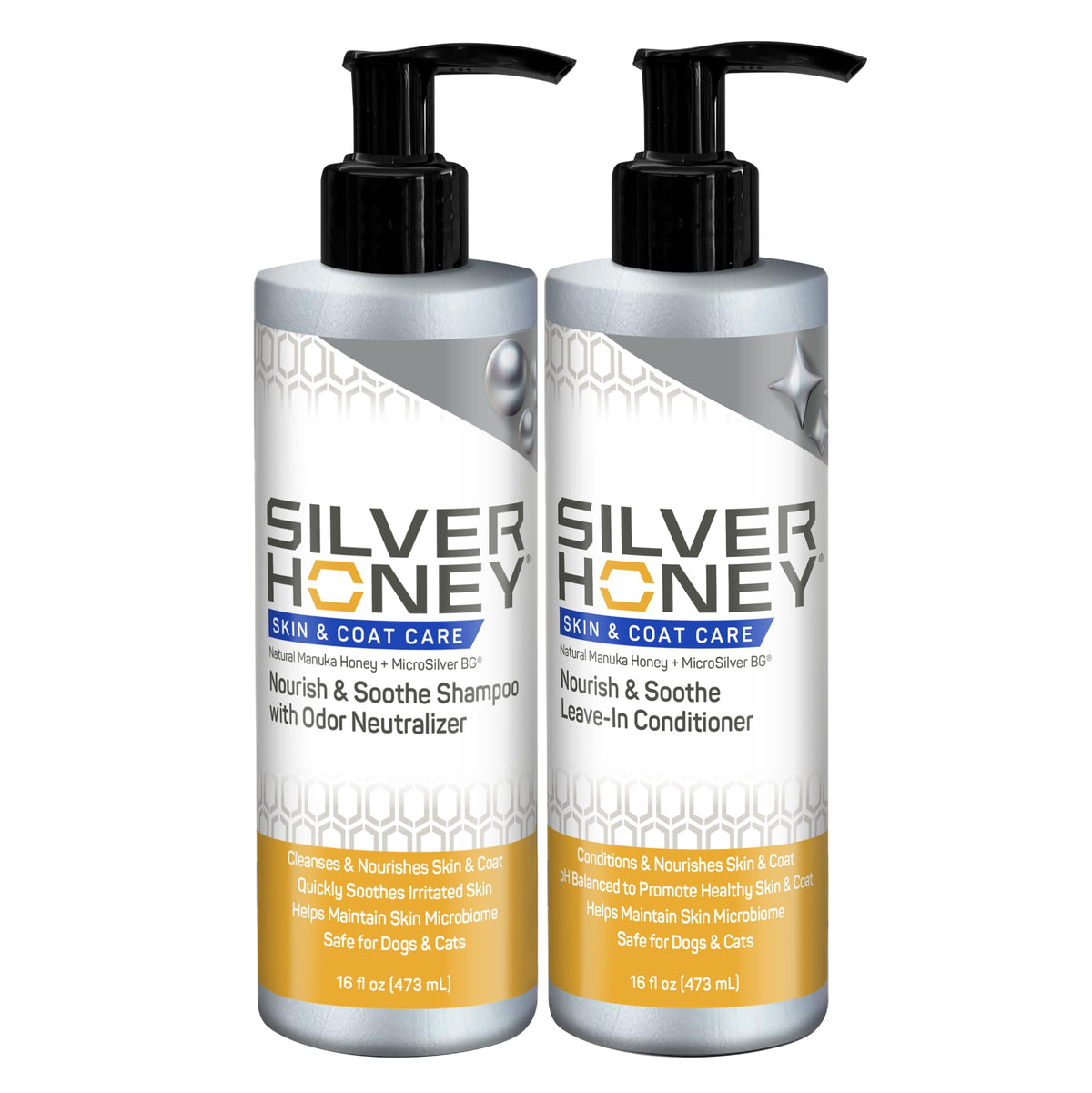 Silver Honey Nourish & Soothe shampoo pump bottle for odor control and gentle cleaning.