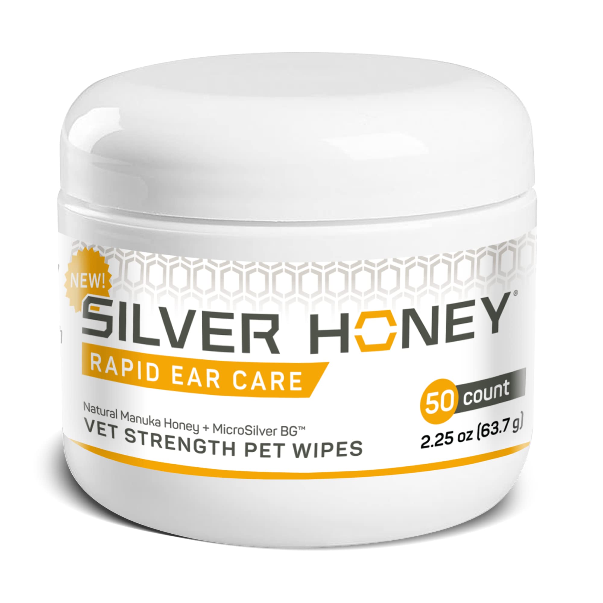 Silver Honey Rapid Ear Care Wipes jar for outer-ear cleansing.