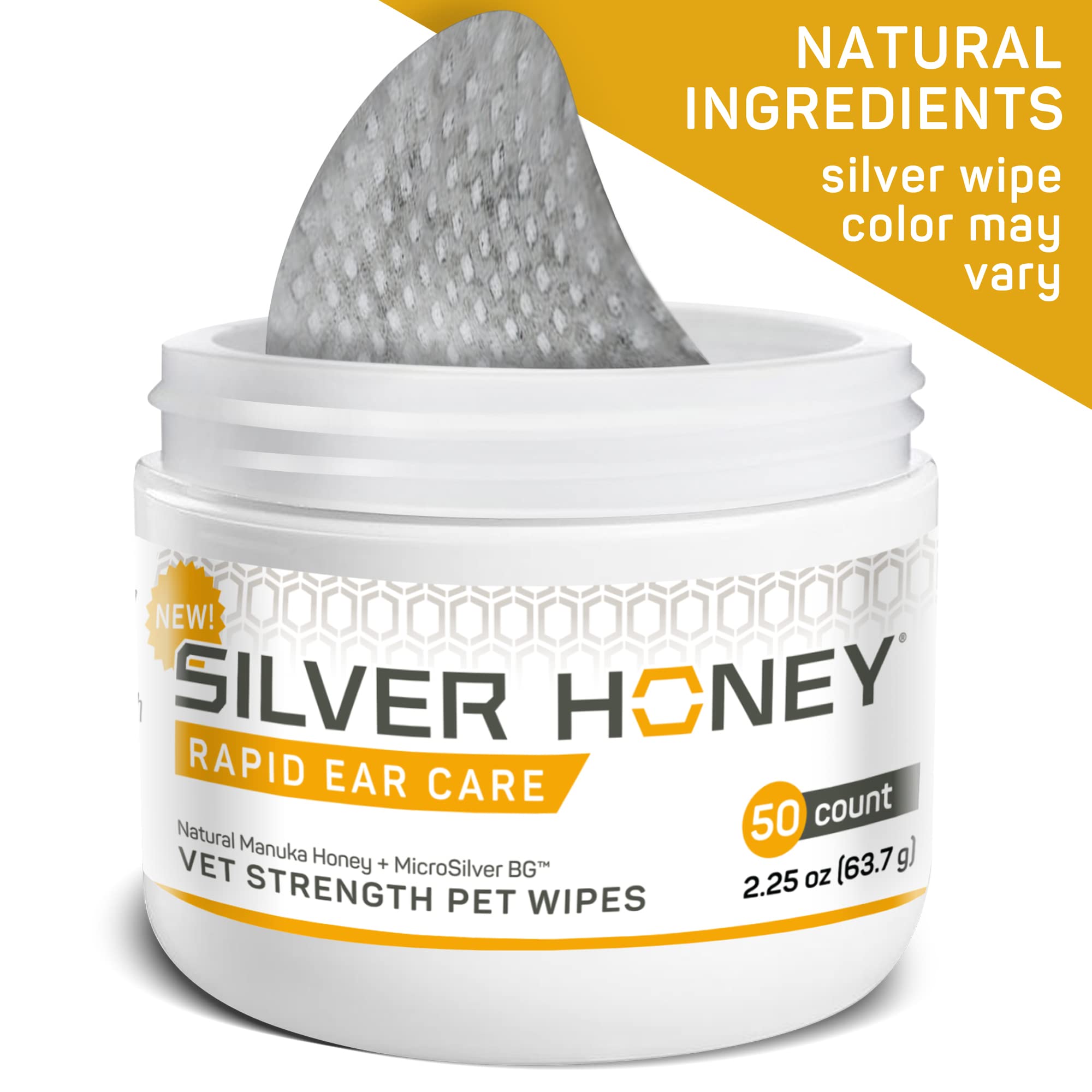 Silver Honey wipe being applied to a pet's outer ear to remove dirt.
