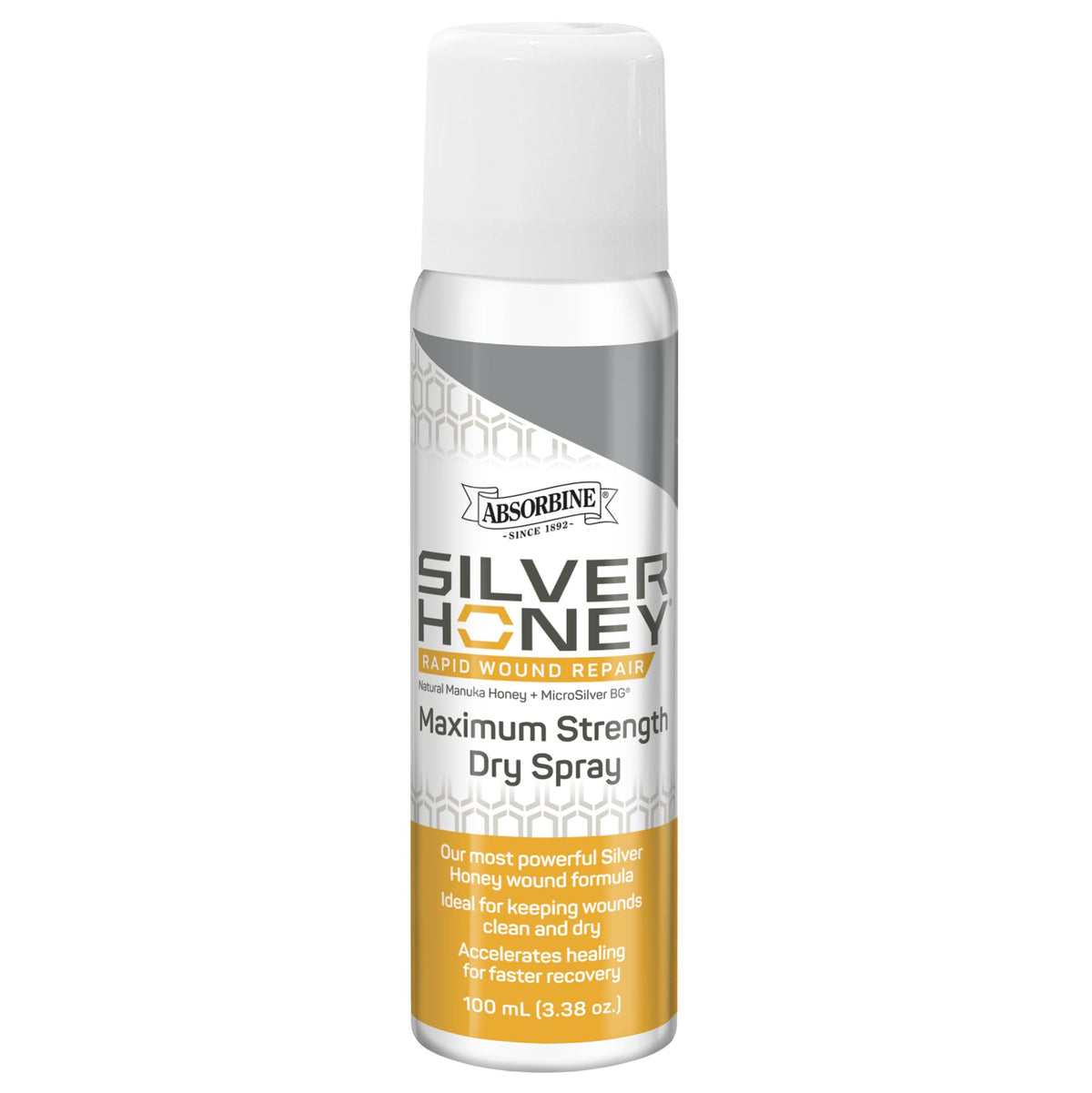 Silver Honey Rapid Wound Repair canister close-up for portable equine first aid.