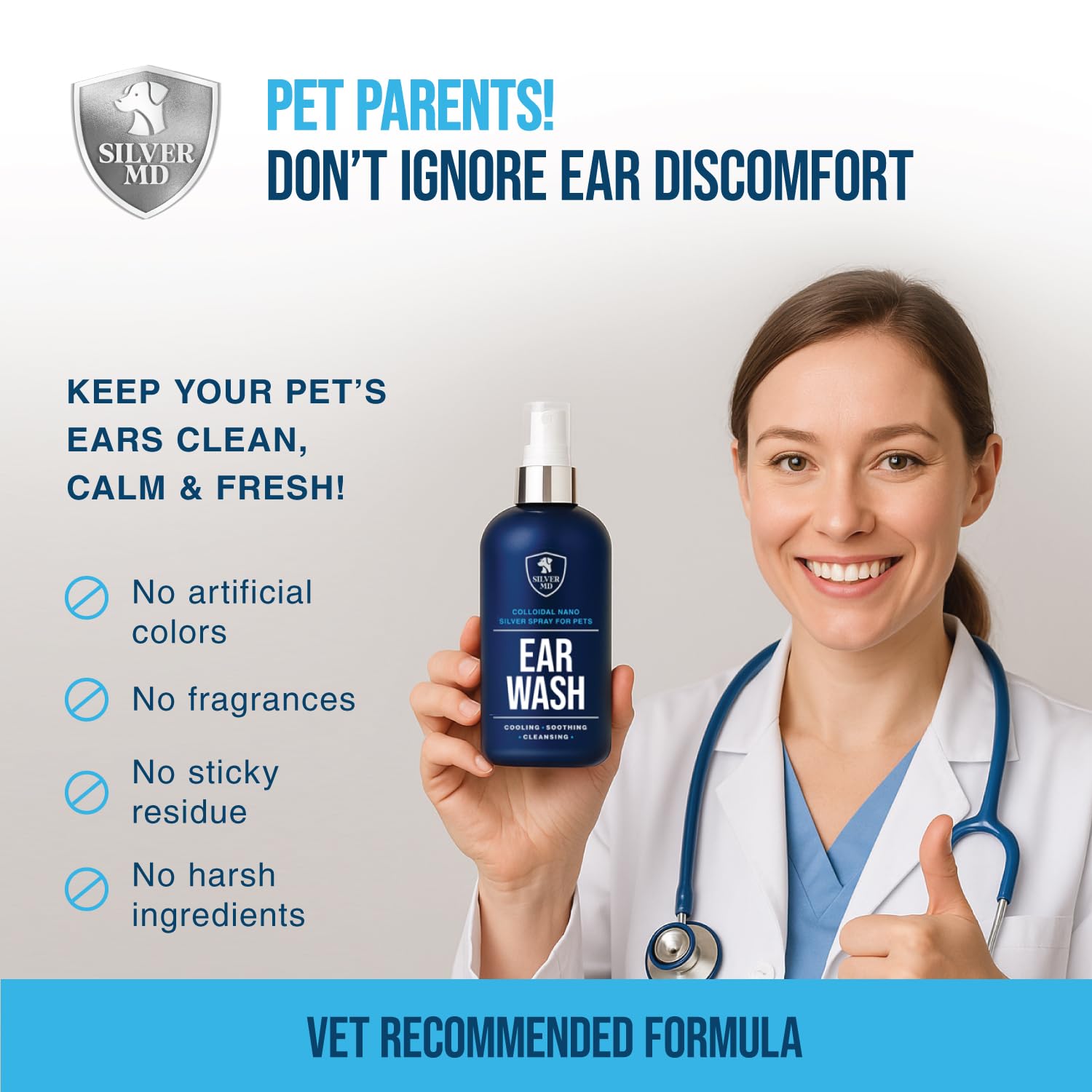 SilverMD Daily ear care solution supports cleaner ears and less buildup.