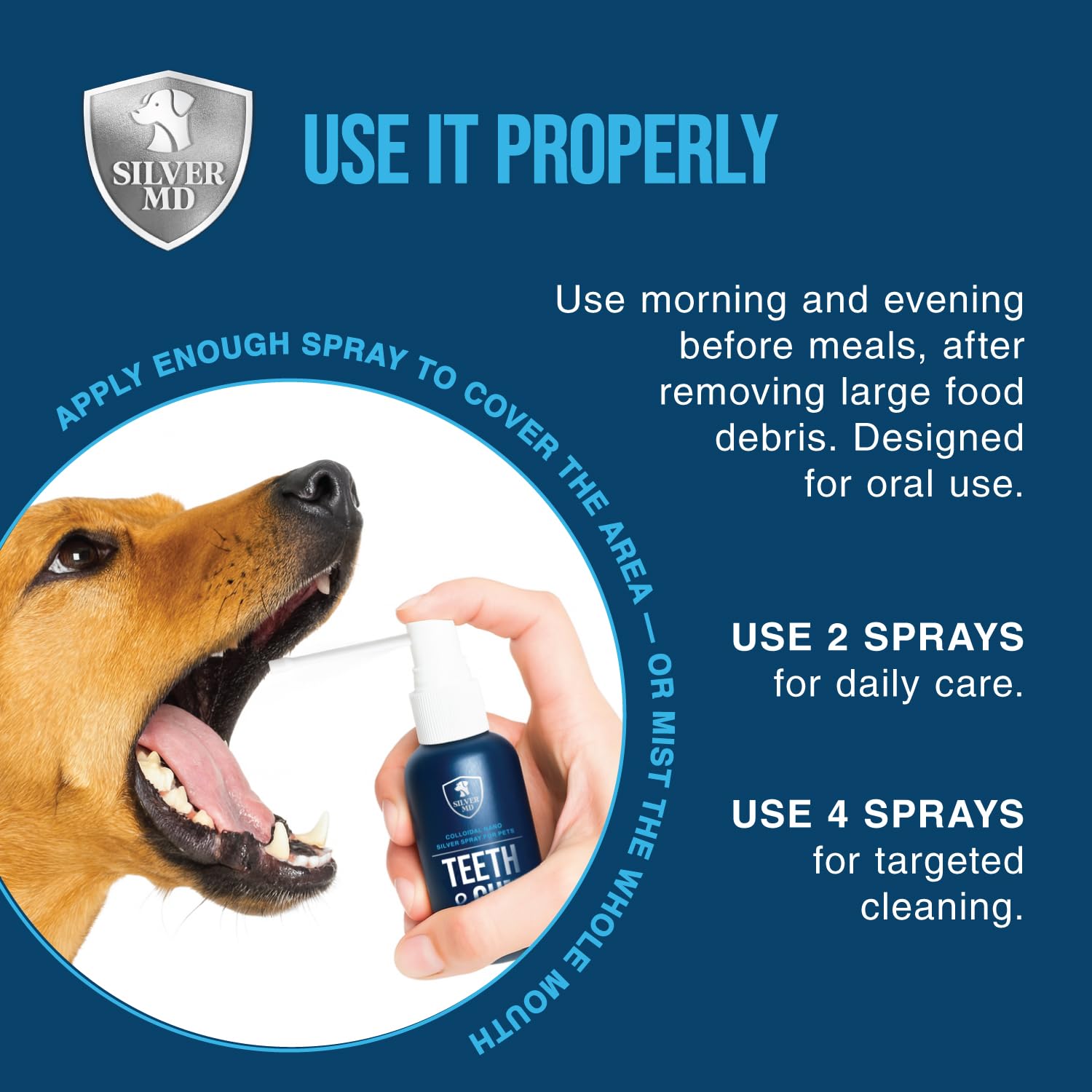 SilverMD spray used on puppies and seniors for easy care.