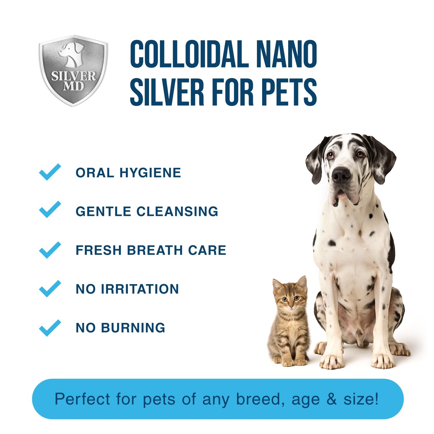 SilverMD 4oz bottle supports long-lasting breath freshness for dogs and cats.