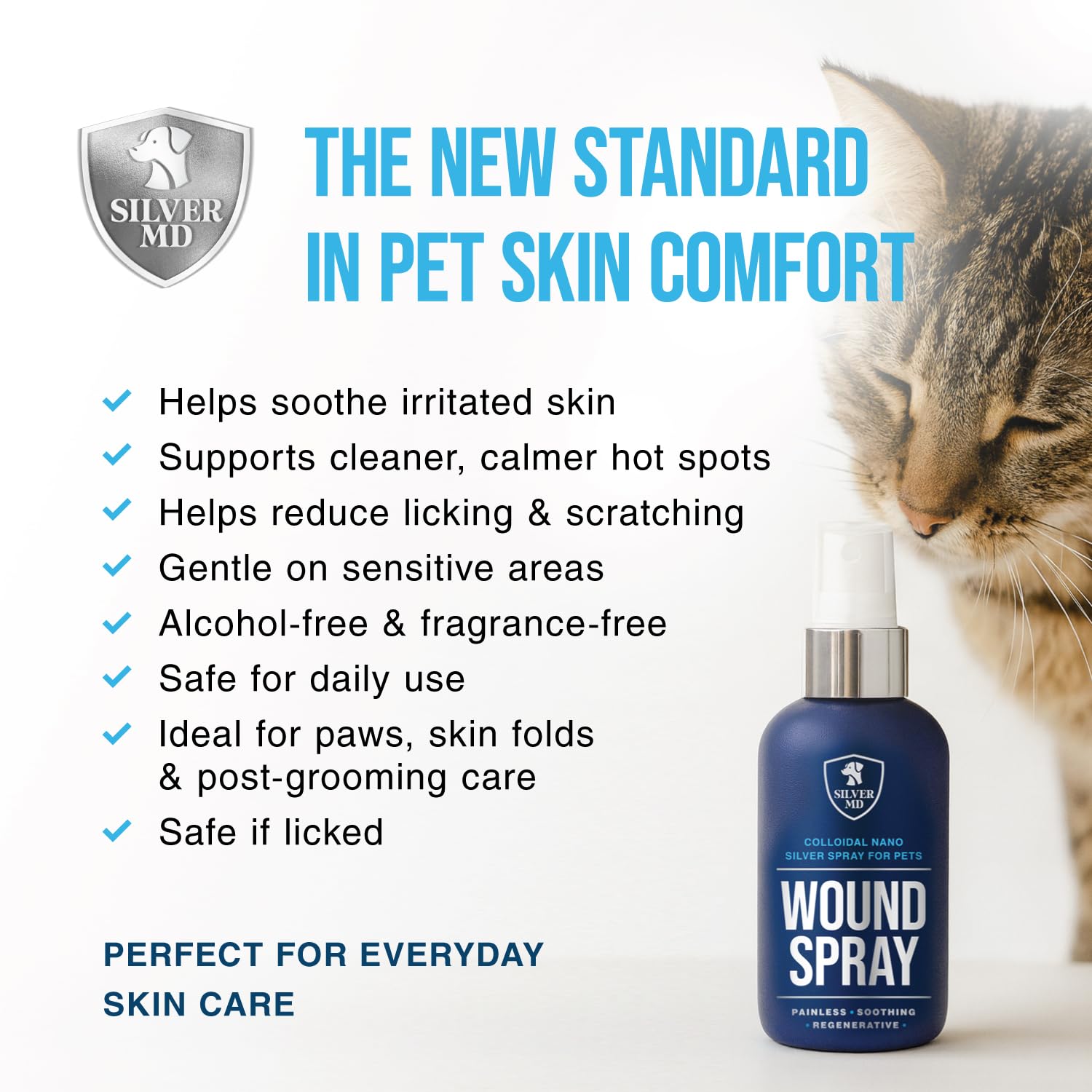 Safe for sensitive areas like skin folds with SilverMD Wound Spray.