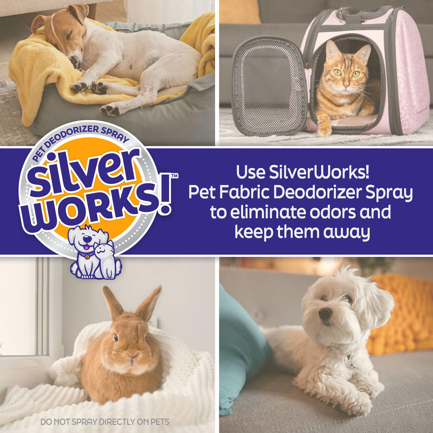 SilverWorks! Pet Odor Eliminator bottle shown with no sticky residue.