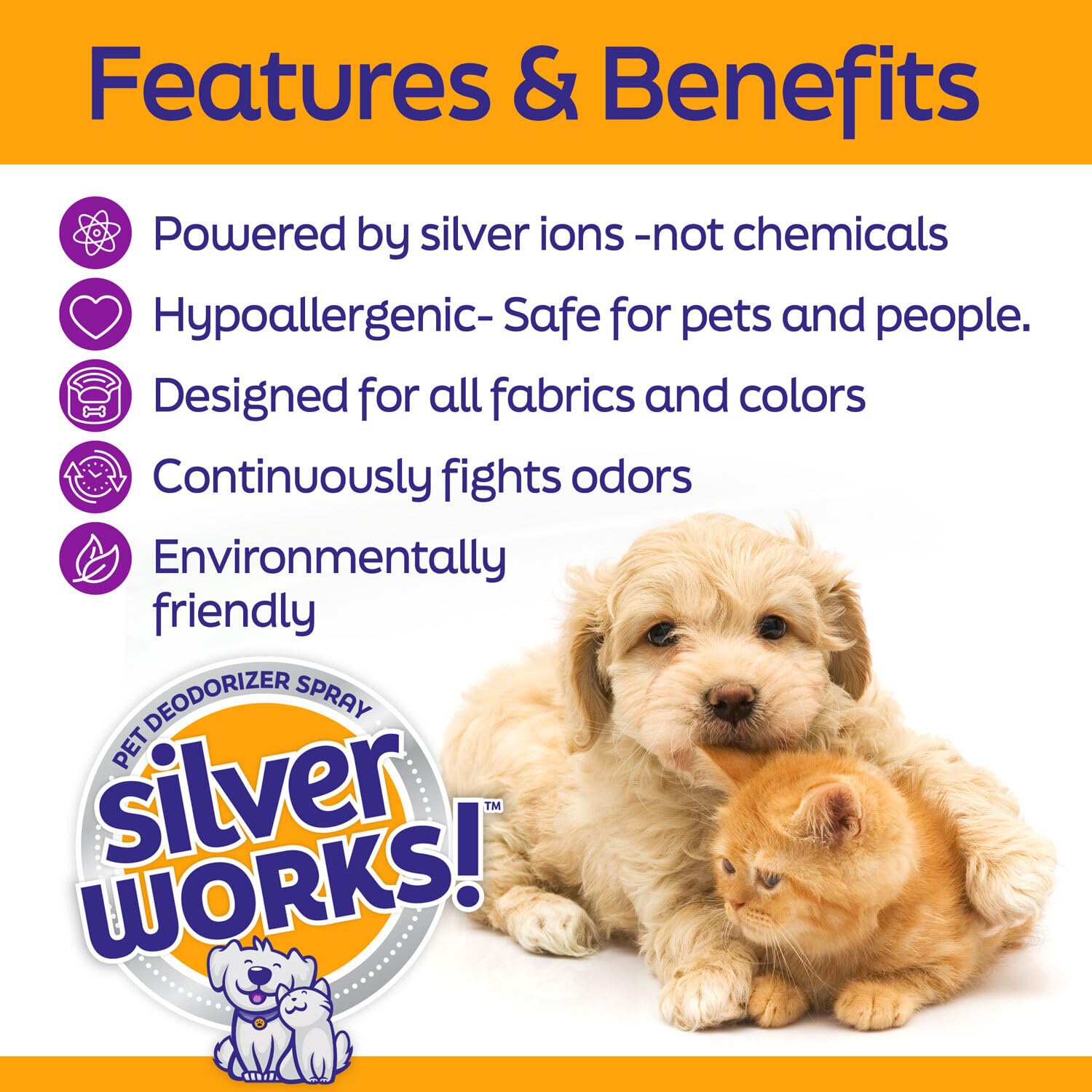SilverWorks! Pet Odor Eliminator on upholstery helps refresh furniture.