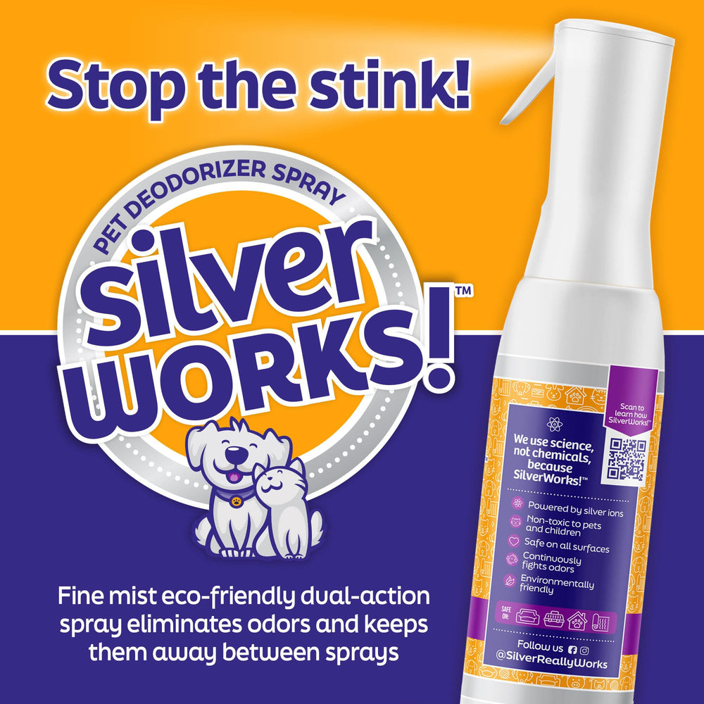 SilverWorks! Pet Odor Eliminator with Spring Fresh scent freshens rooms.