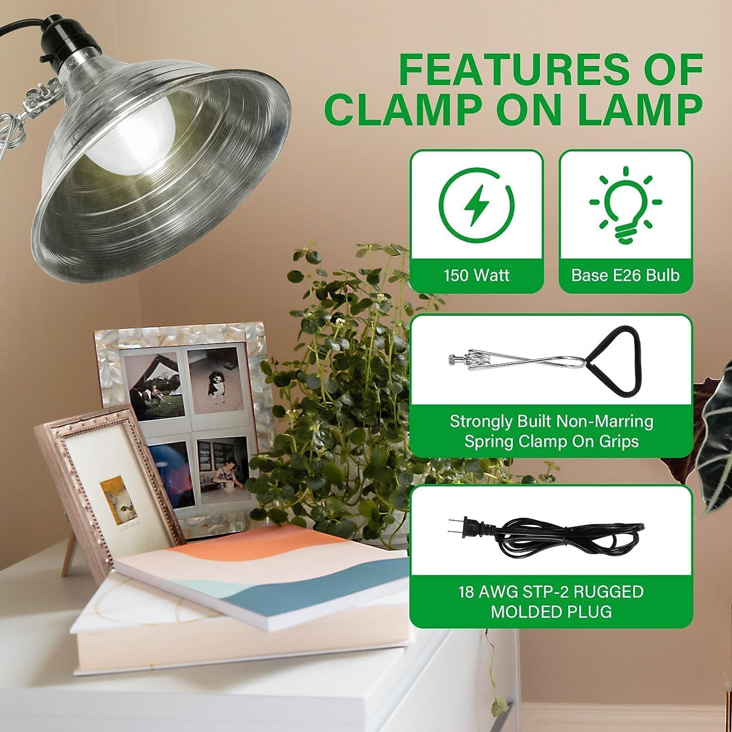 Simple Deluxe clamp light offers six foot cord for flexible mounting options.