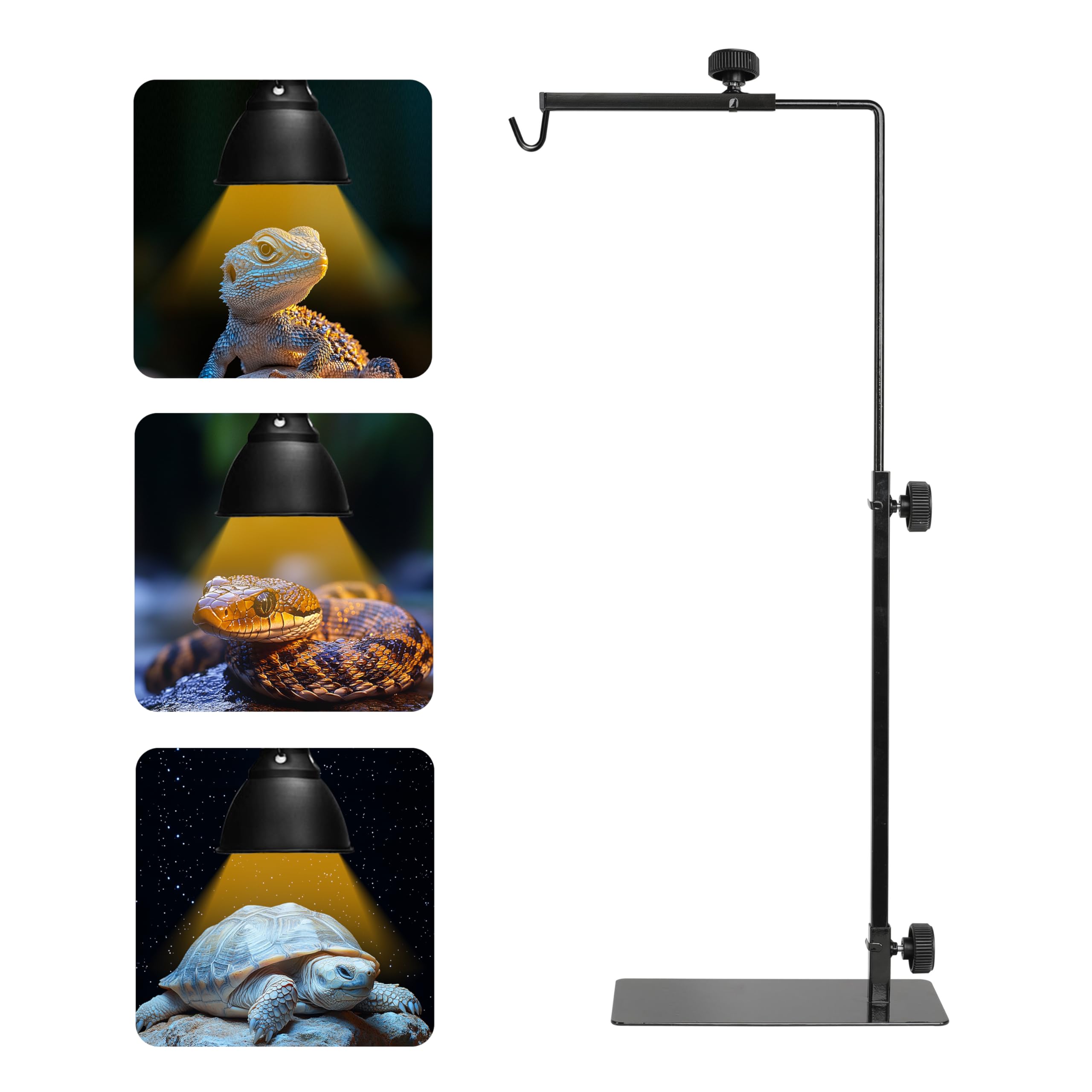 Simple Deluxe reptile lamp stand showing adjustable height for terrarium lighting and heating