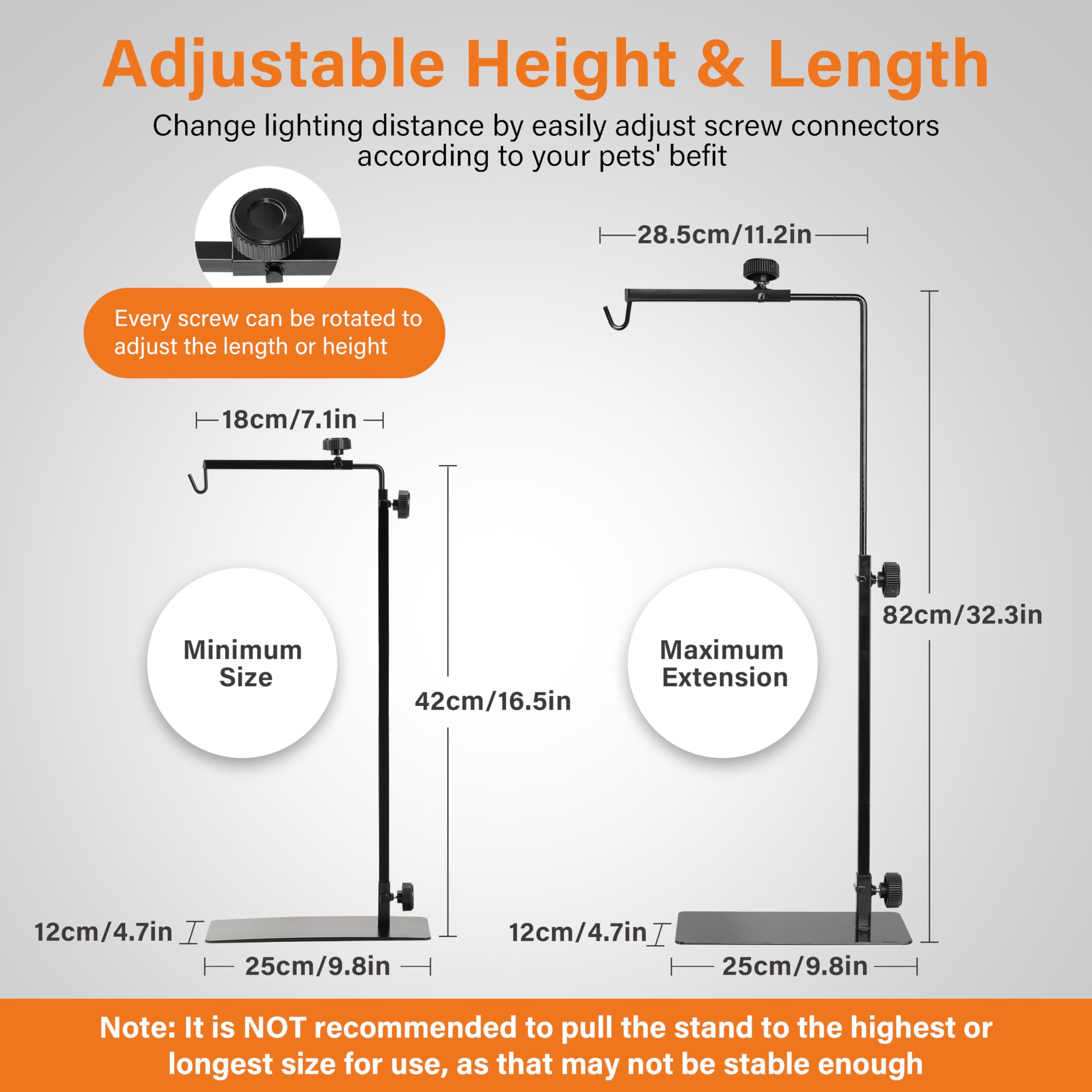 Simple Deluxe reptile lamp stand with height 16-32 inches and compact length