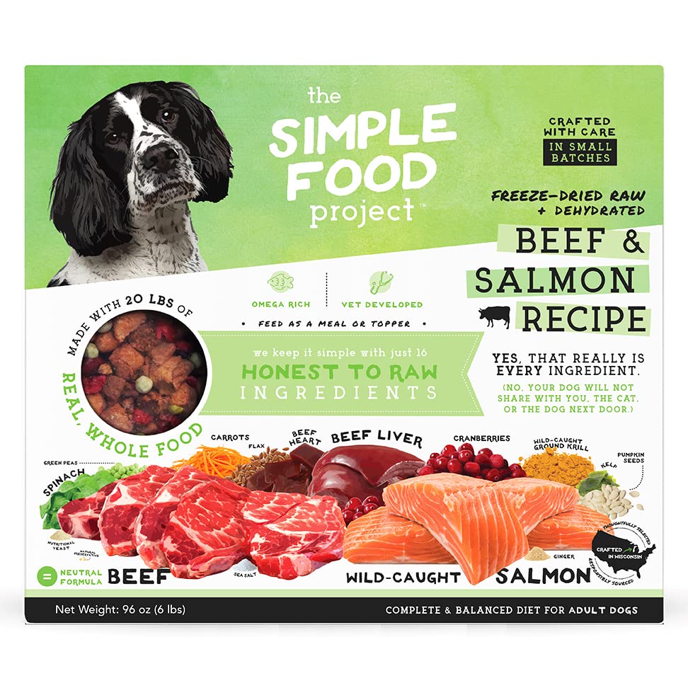 Simple Food Project beef-salmon freeze-dried dog food bag showing real ingredients