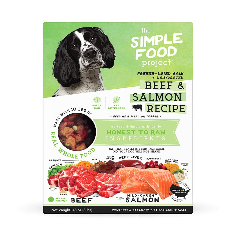 Simple Food Project beef-salmon recipe bag open — convenient freeze-dried meals for dogs.
