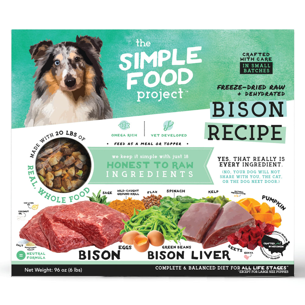 Simple Food Project Bison Recipe bag packaging for convenient, affordable dog meals.
