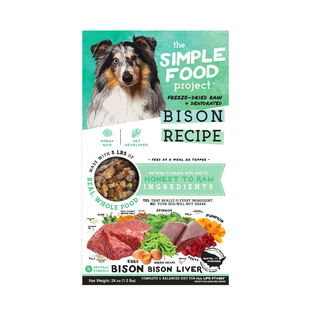 Simple Food Project bison recipe bag showing premium freeze-dried nutrition for dogs at feeding time.