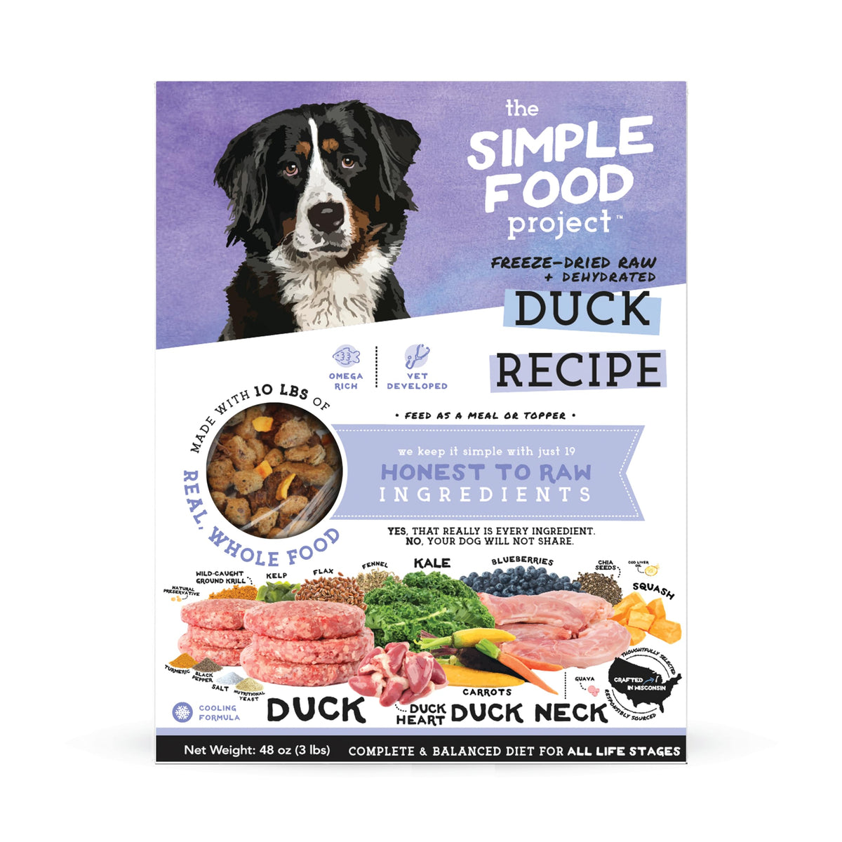 Simple Food Project Duck Recipe bag highlights freeze-dried raw nutrition for dogs and cost-effective meals.