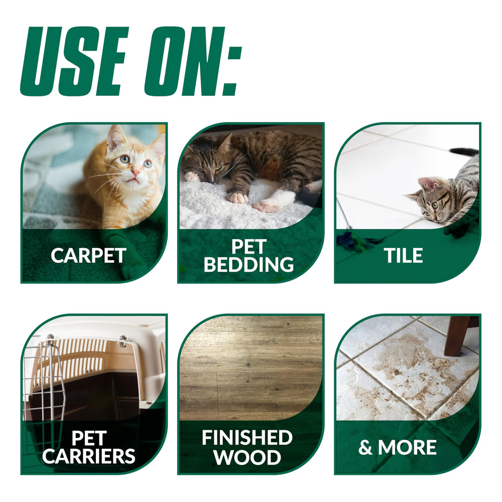 Simple Green Cat Stain and Odor Remover shows enzymes breaking down soils on carpets.