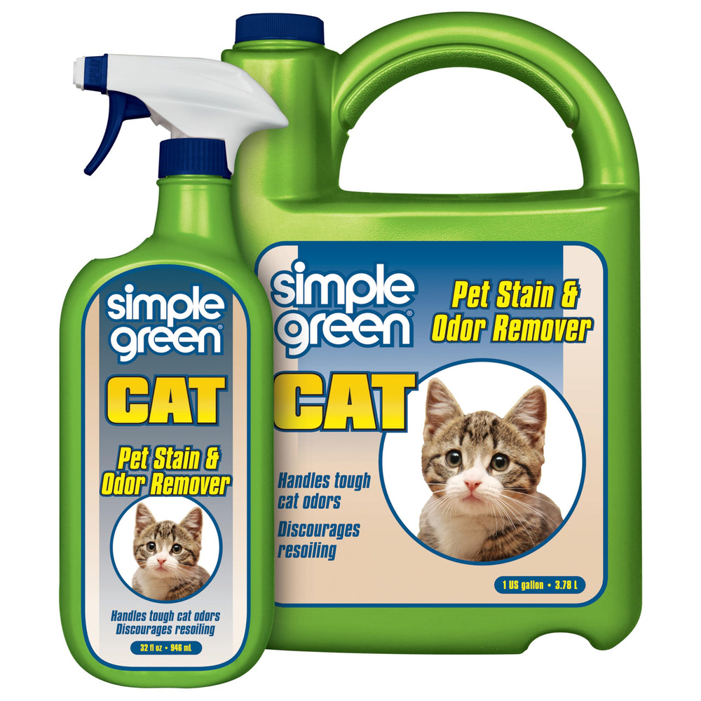 Simple Green Cat Stain and Odor Remover spray bottle demonstrates enzyme action for pet odors.
