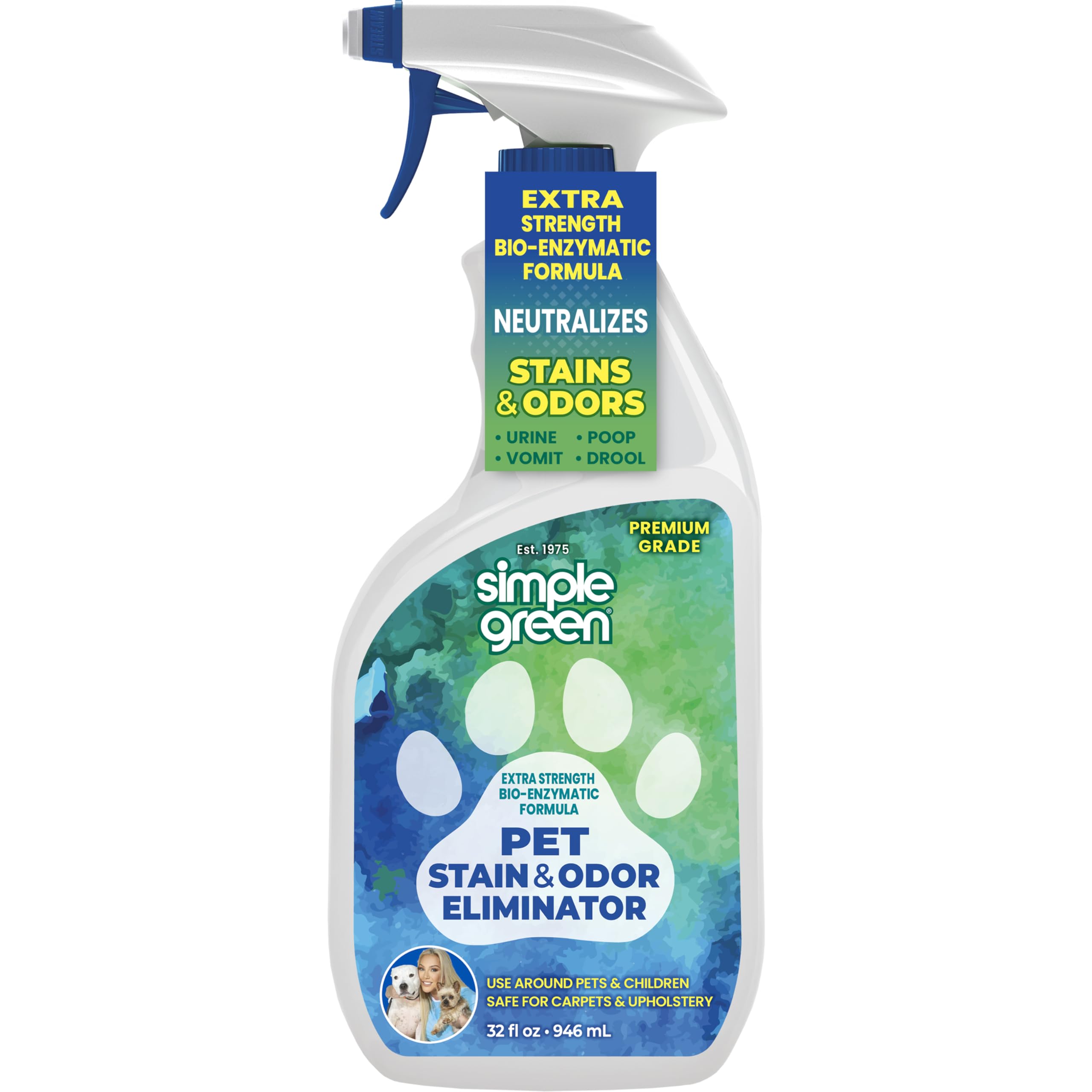 Simple Green Pet Stain & Odor Eliminator bottle front shows powerful stain-fighting action for pet homes.
