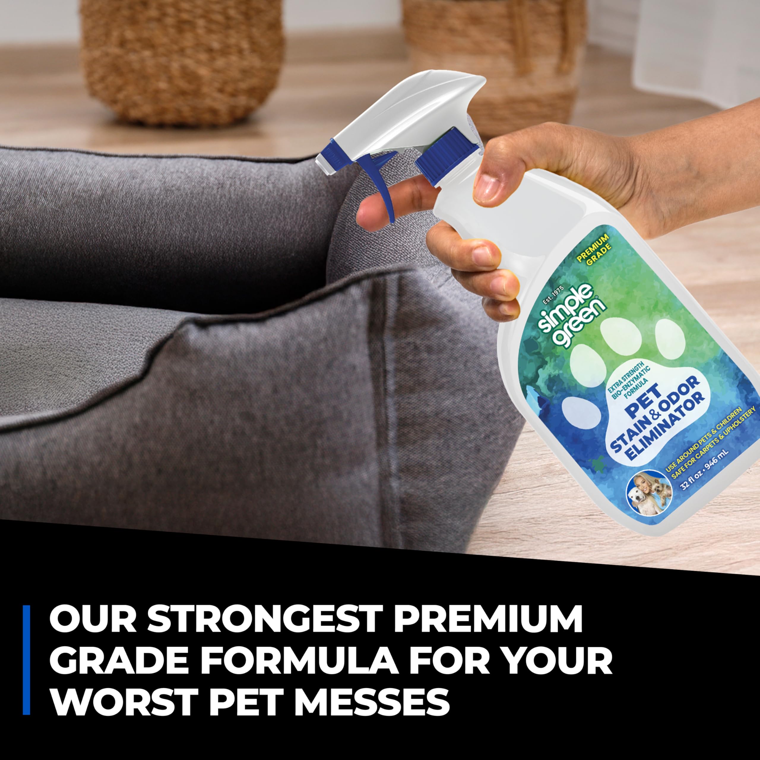 Simple Green Pet Stain & Odor Eliminator cap pour highlights easy application for quick pet mess cleanup.