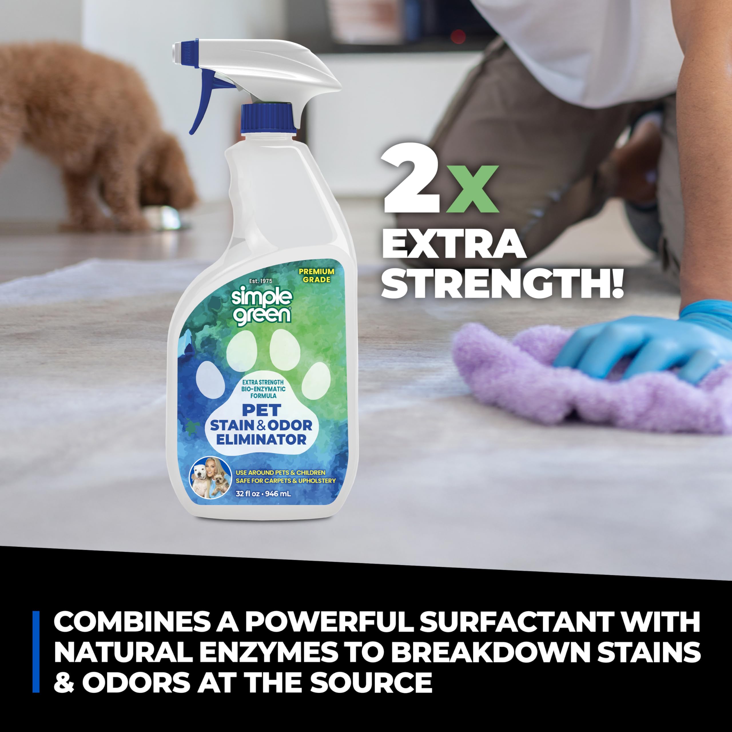 Simple Green Pet Stain & Odor Eliminator carpet application demonstrates deep cleaning on fibers.