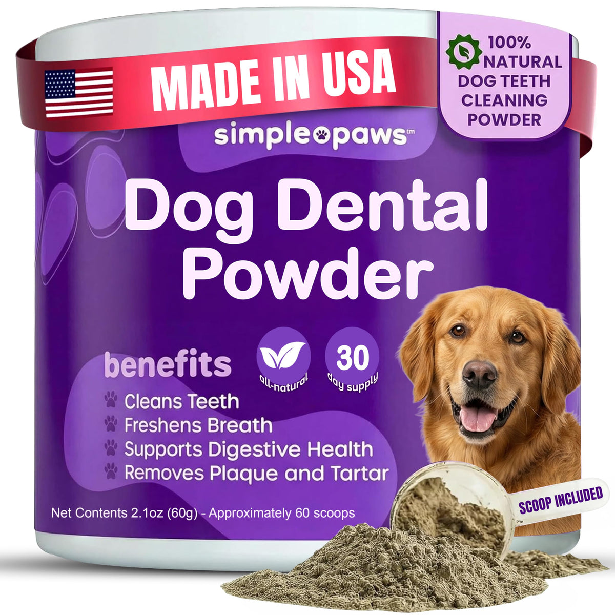 Simple Paws dental powder front-tub promoting easy daily care