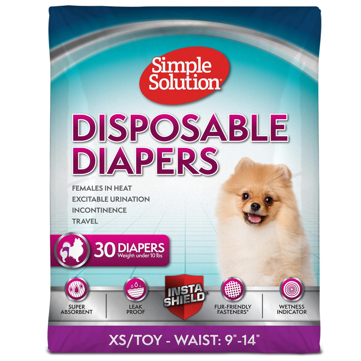 Simple Solution disposable dog diapers designed for 9-14 inch waists with a secure fit.