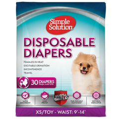 Simple Solution disposable dog diapers designed for 9-14 inch waists with a secure fit.